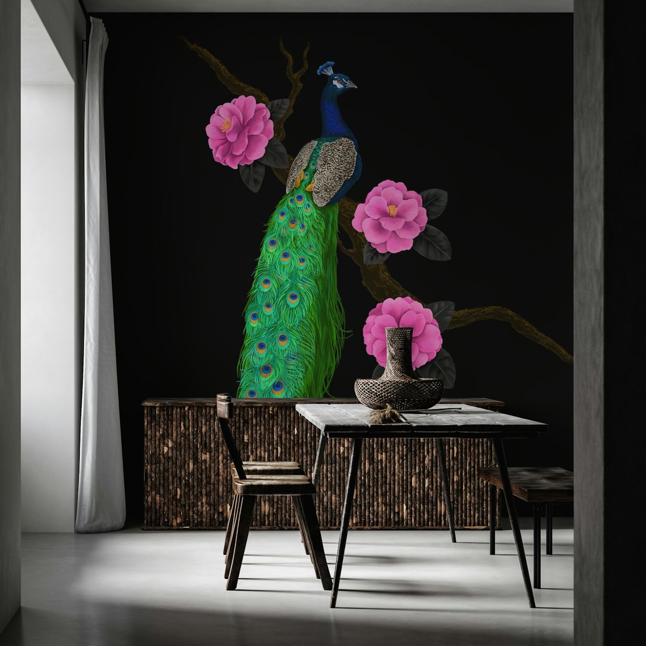 Peacock with camellia flowers in a room