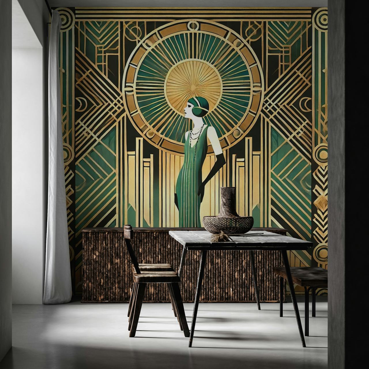 Art Deco wallpaper featuring a woman in green, gold geometric patterns