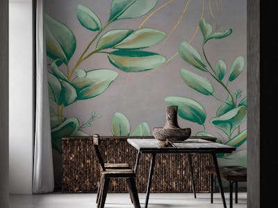 Green Graffiti Leaves on Grey