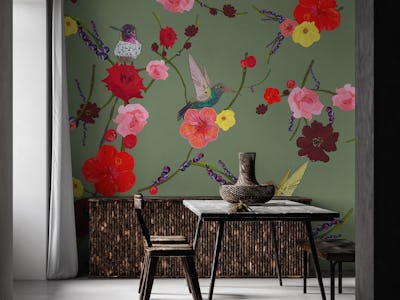 Birds with hibiscus roses