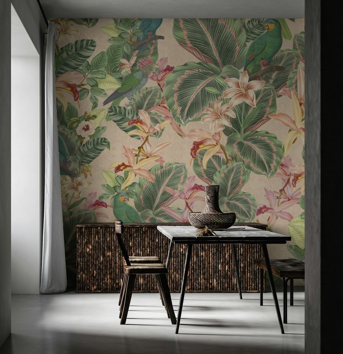 Tropical birds jungle flowers wallpaper