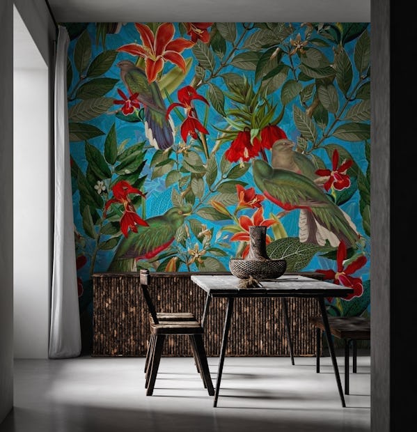 Tropical Birds in Flower Jungle wallpaper - Happywall