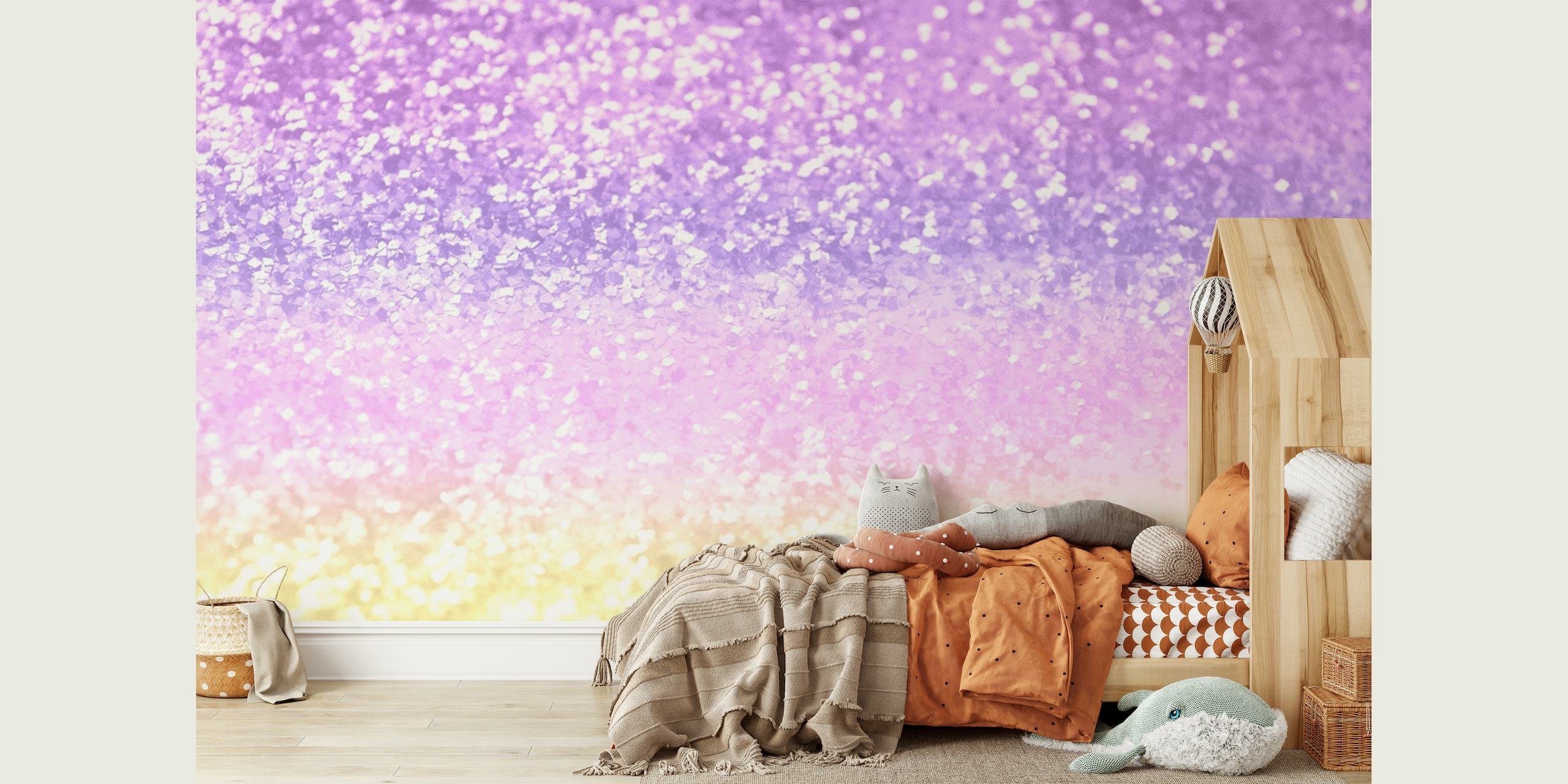 Pastel glitter vægmaleri med skinnende lilla, pink og gule nuancer perfekt til børneværelser.