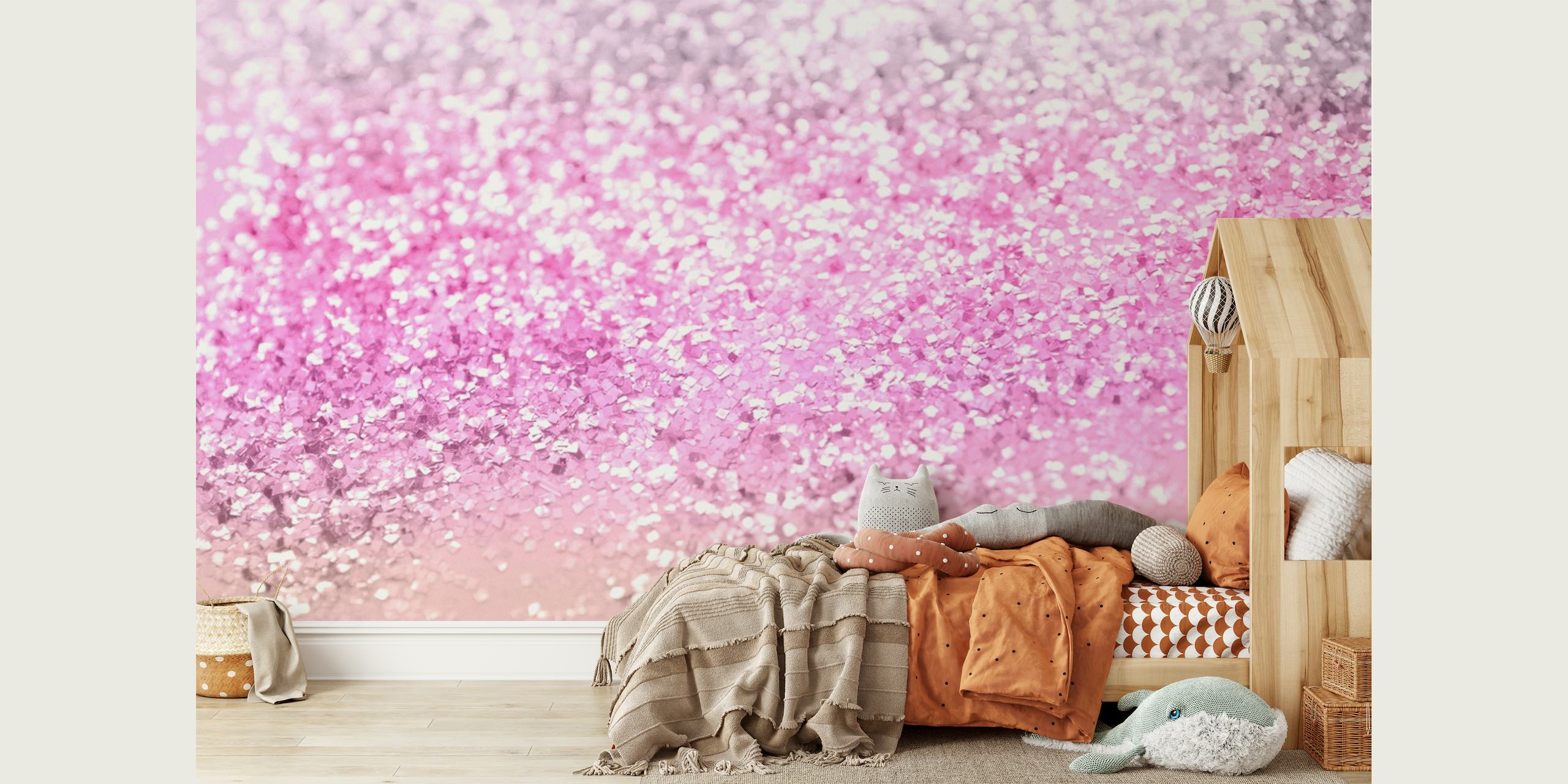 Vægmaleri med glittergradient i pink og sølv til et magisk rumtema
