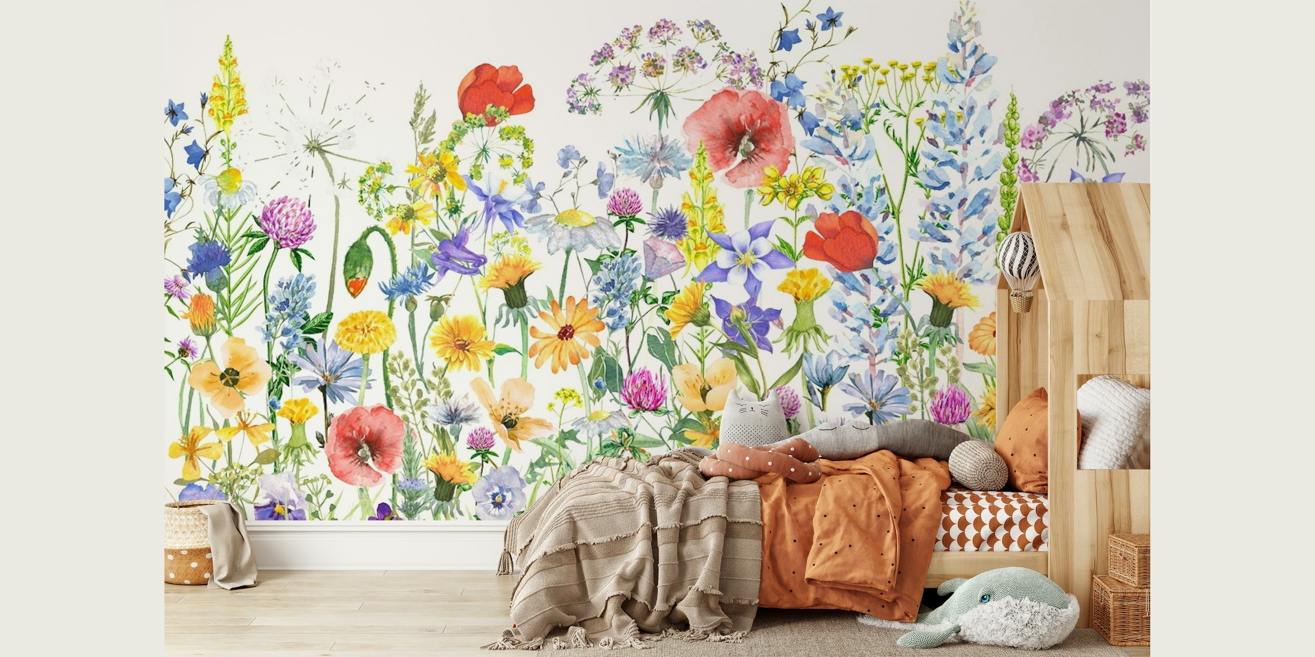 Scandinavische Wildflowers Garden muurschildering met een verscheidenheid aan kleurrijke bloemen