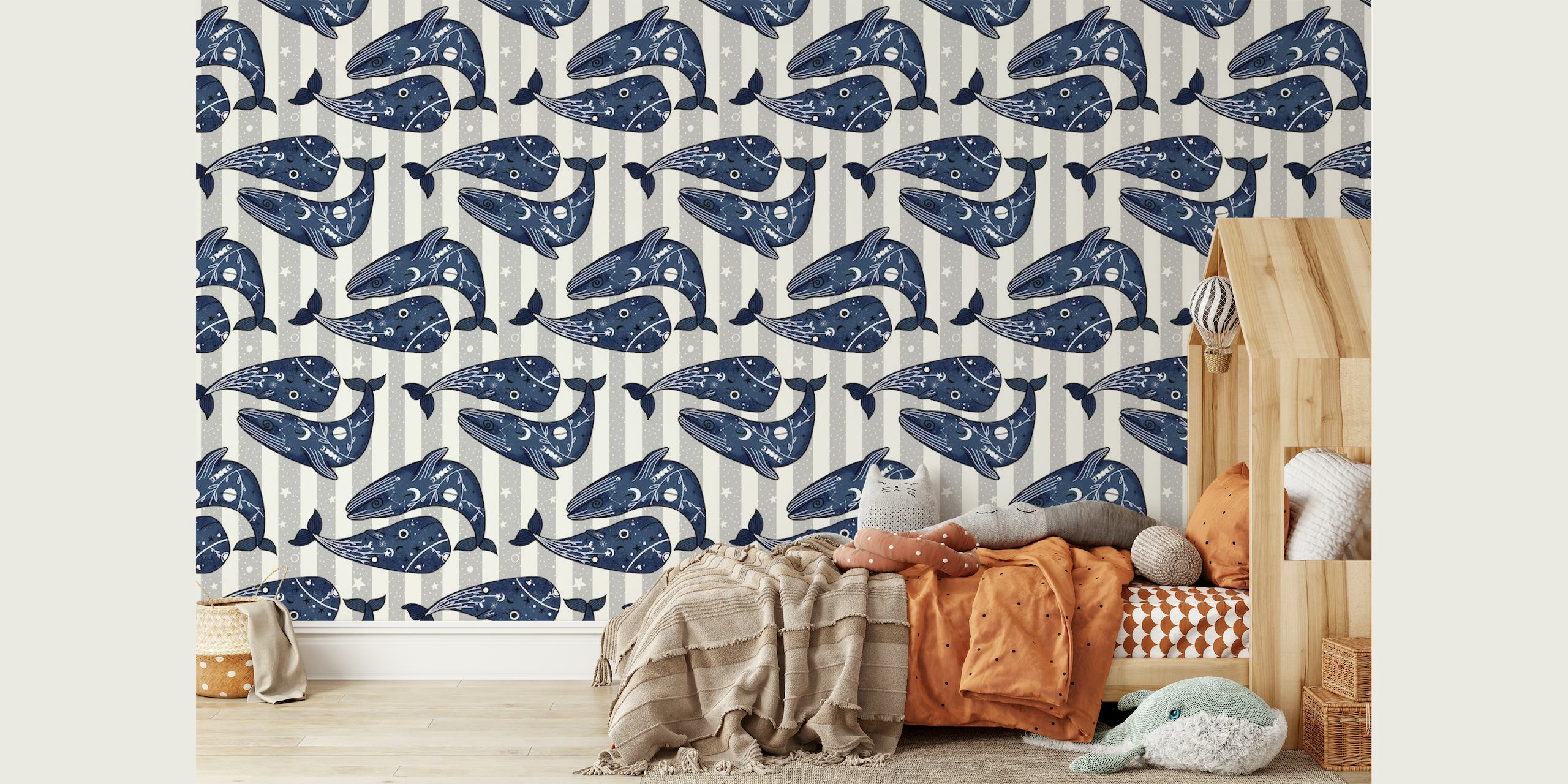 Mystic Ocean Whales Stripes papel de parede