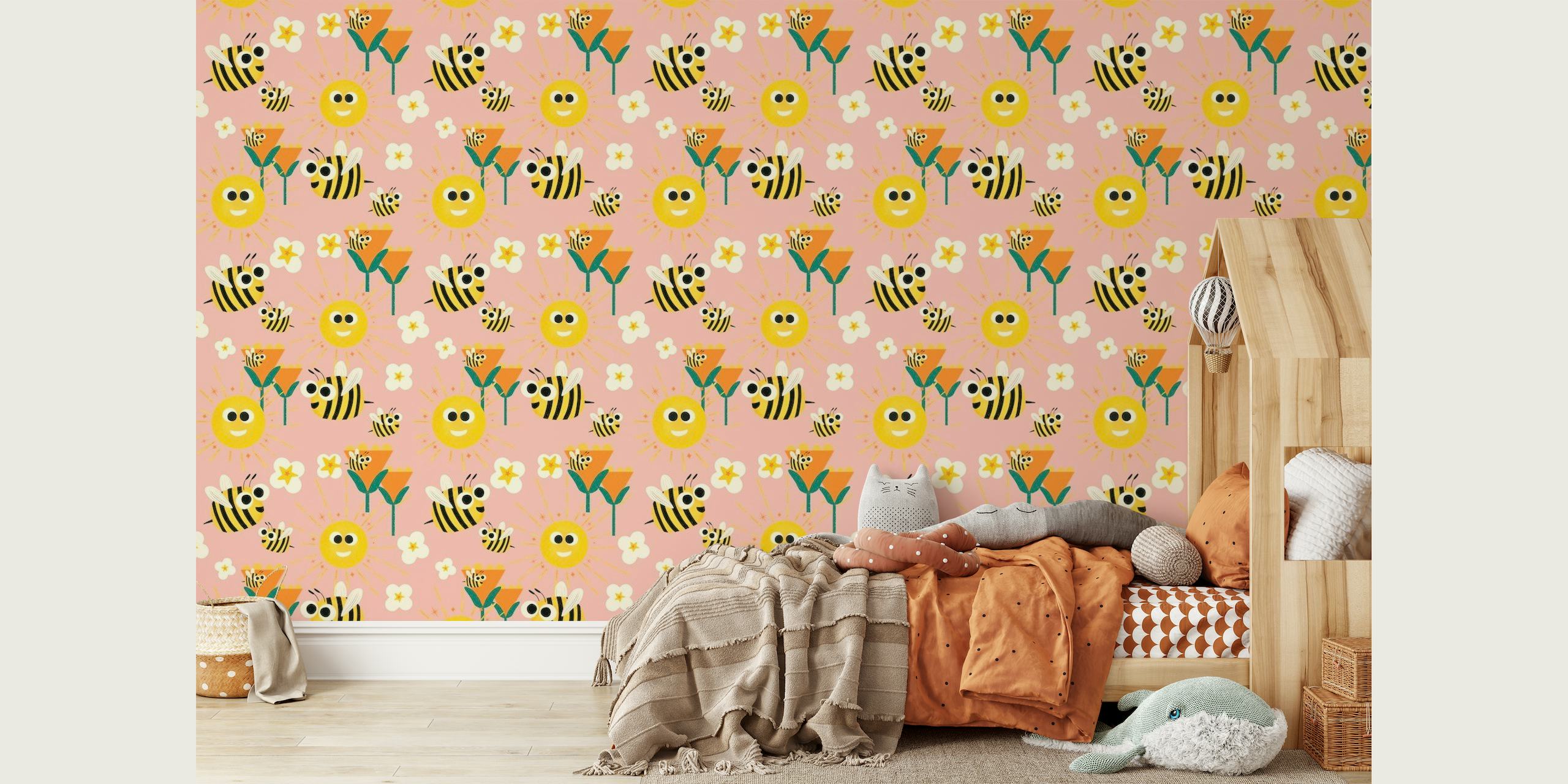 Happy bees and sunshine pink papel de parede