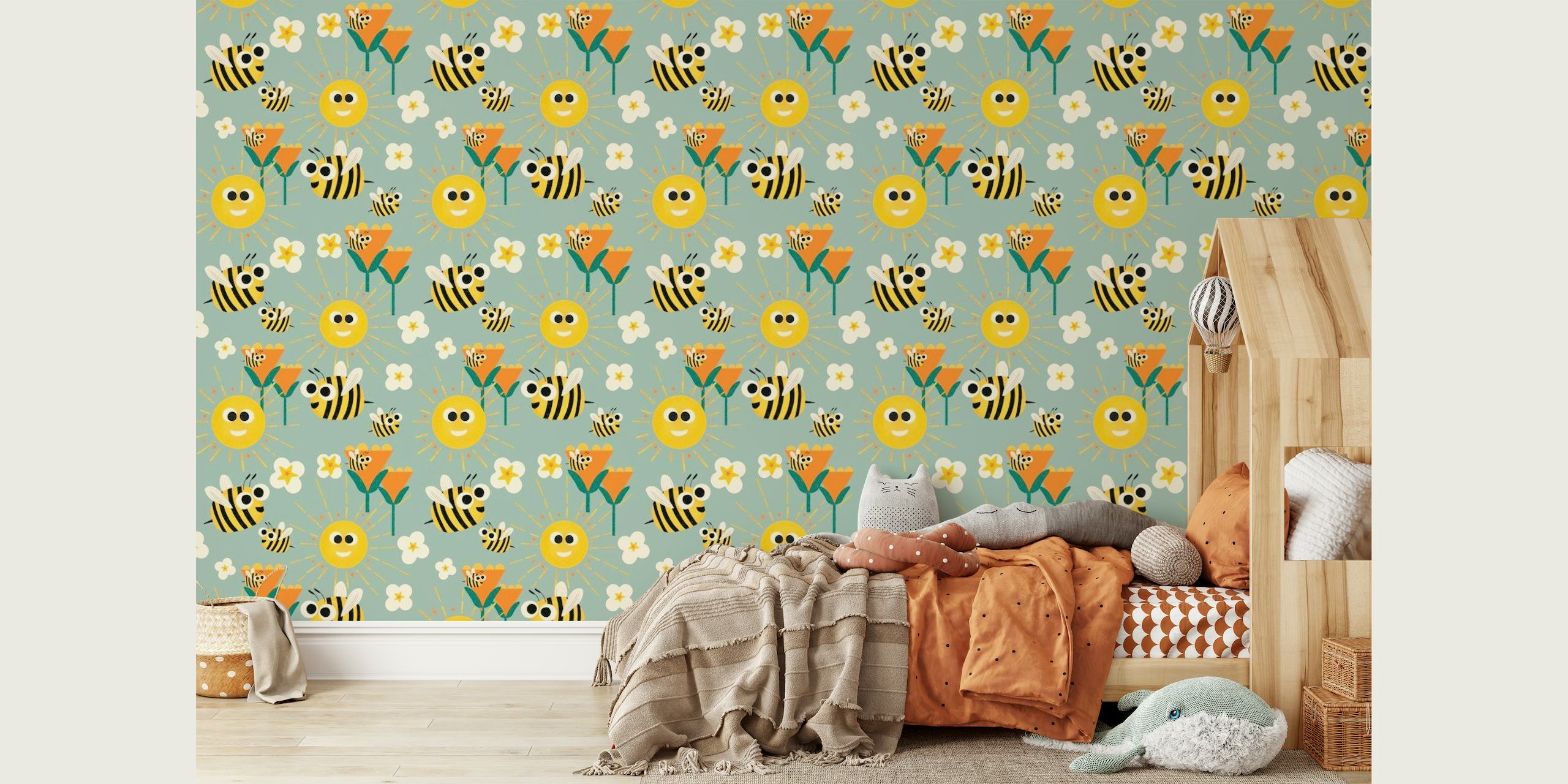 Happy bees and sunshine blue behang