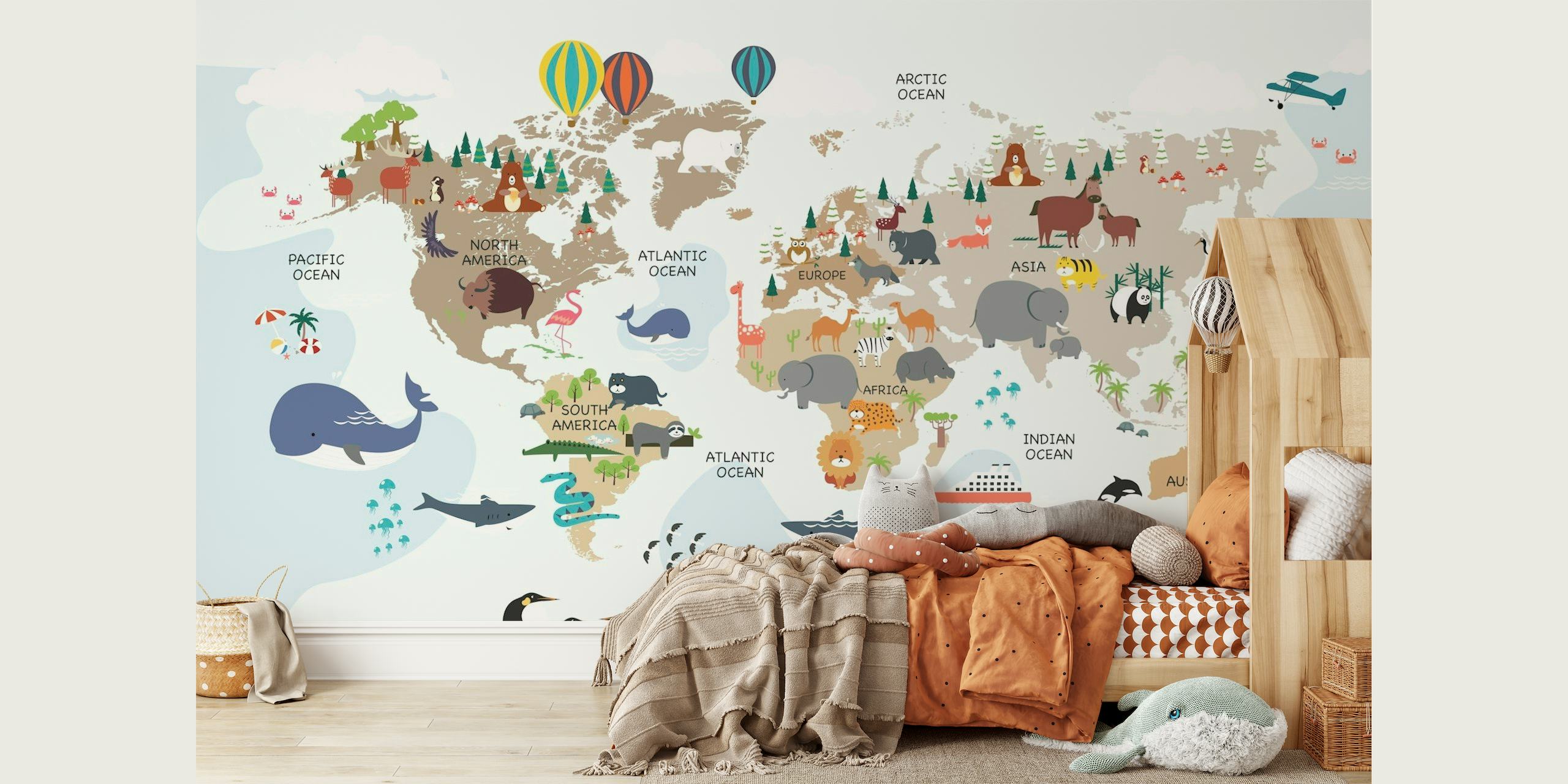 Colorido y educativo mural infantil del Mapa del Mundo con animales de dibujos animados y monumentos