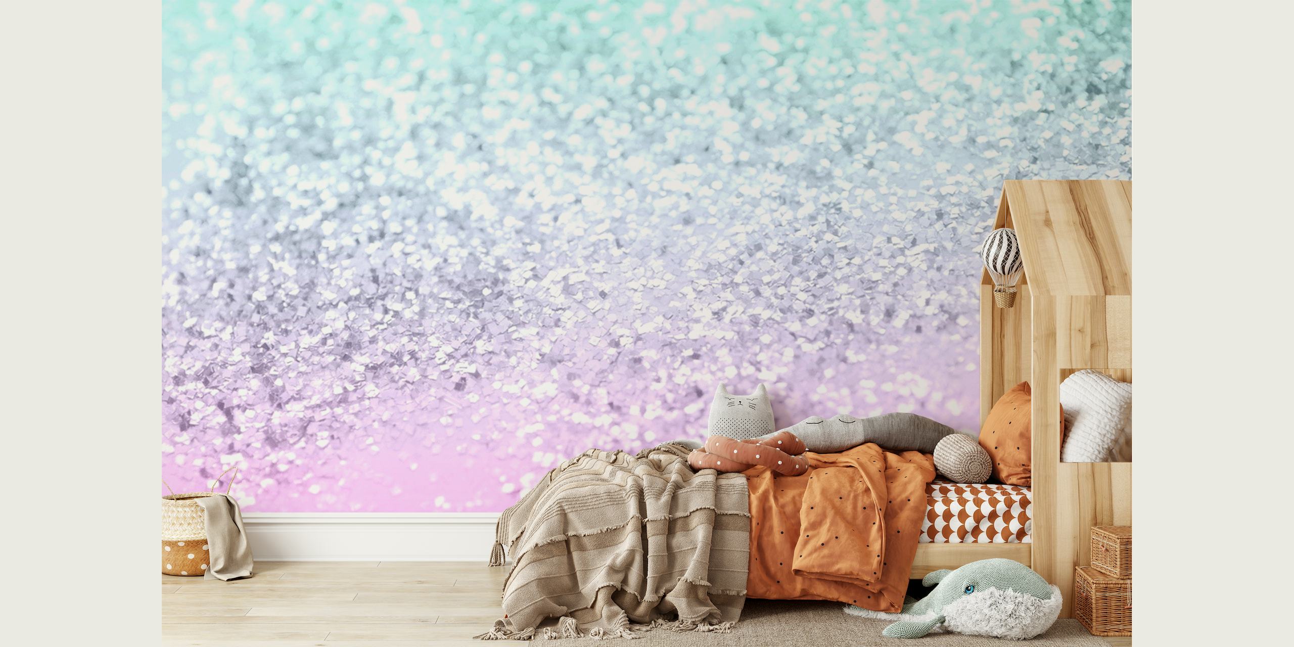 Pastel-colored gradient wall mural giving off a mermaid tail glittery vibe