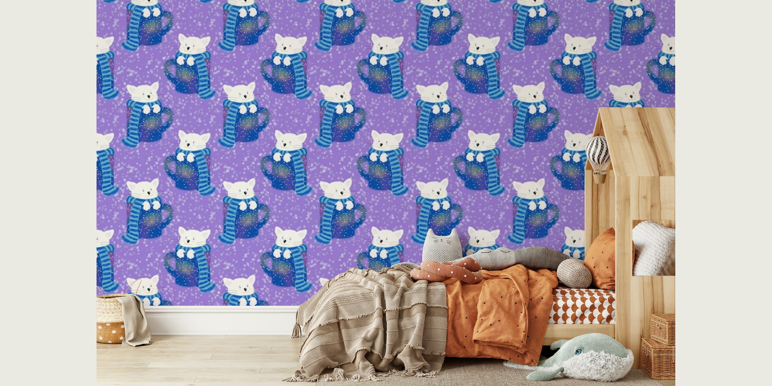 Yndige katte i tekopper-mønster på et lilla baggrundsvægmaleri