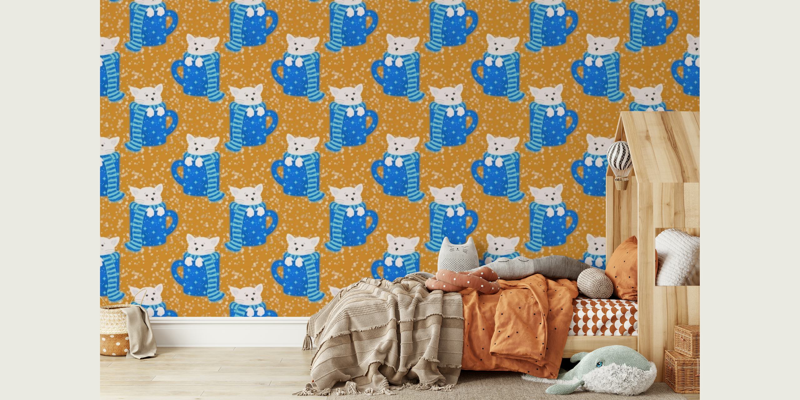 Cat in a blue cup on gold papel pintado