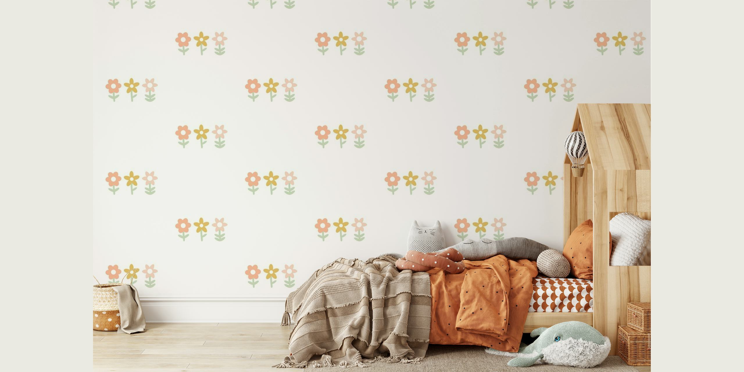 fotomural vinílico de parede com padrão floral estilo boho em tons neutros