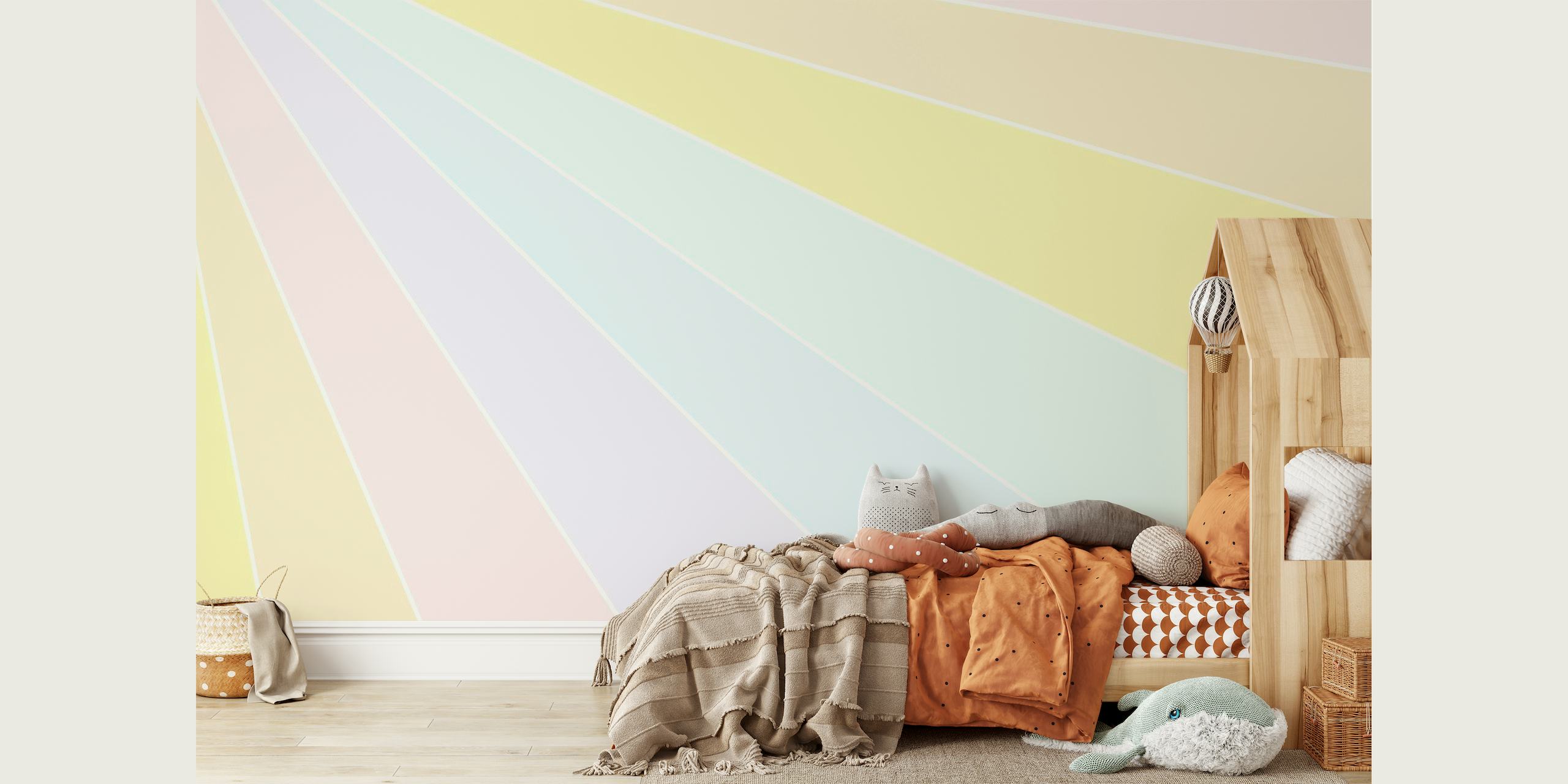 Pastelkleurige regenboogmuurschildering met zachte, dromerige kleurbanden