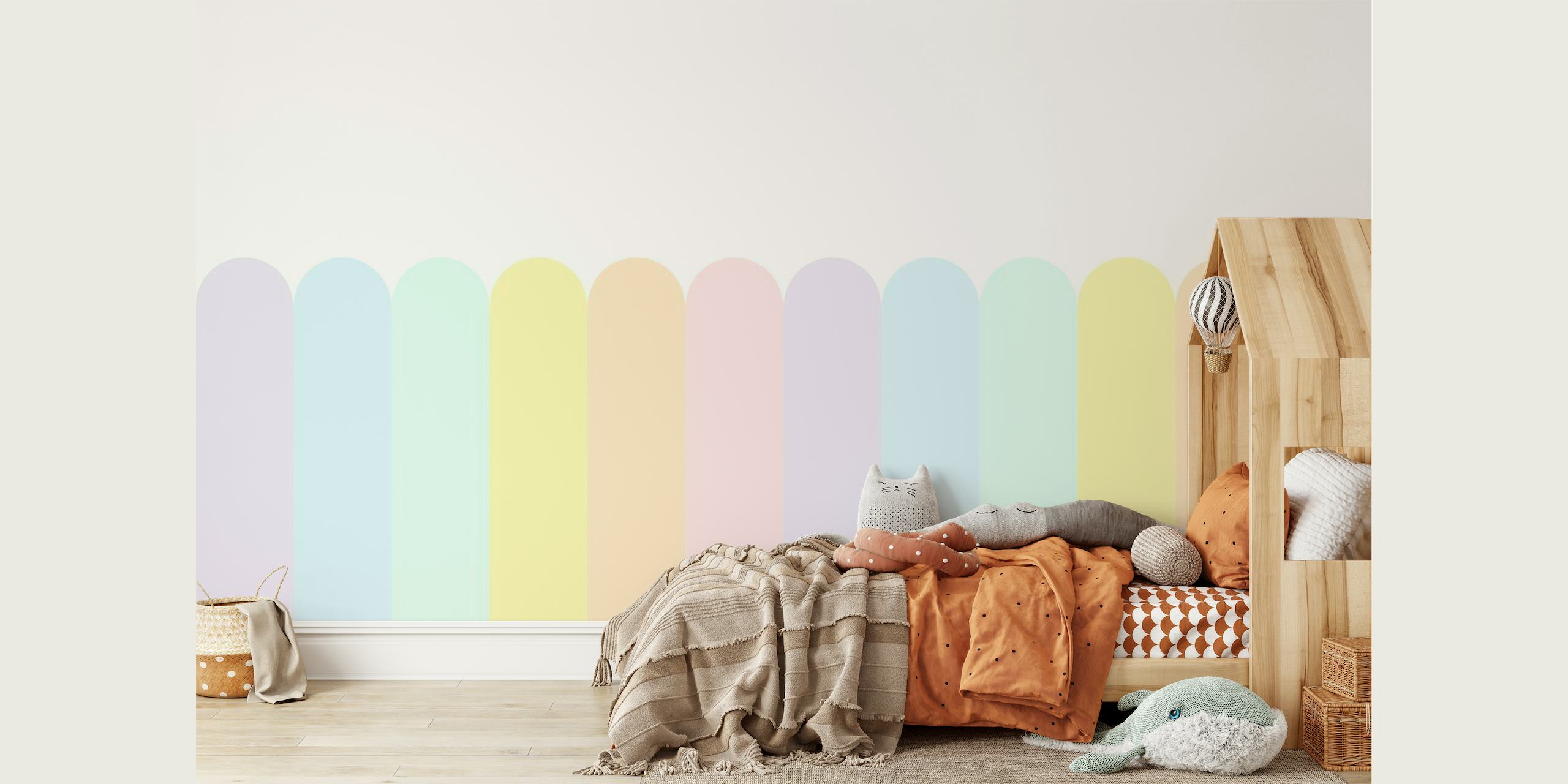 Pehmeät pastellisateenkaaren värit särmätyllä kuviolla seinämaalaukseen