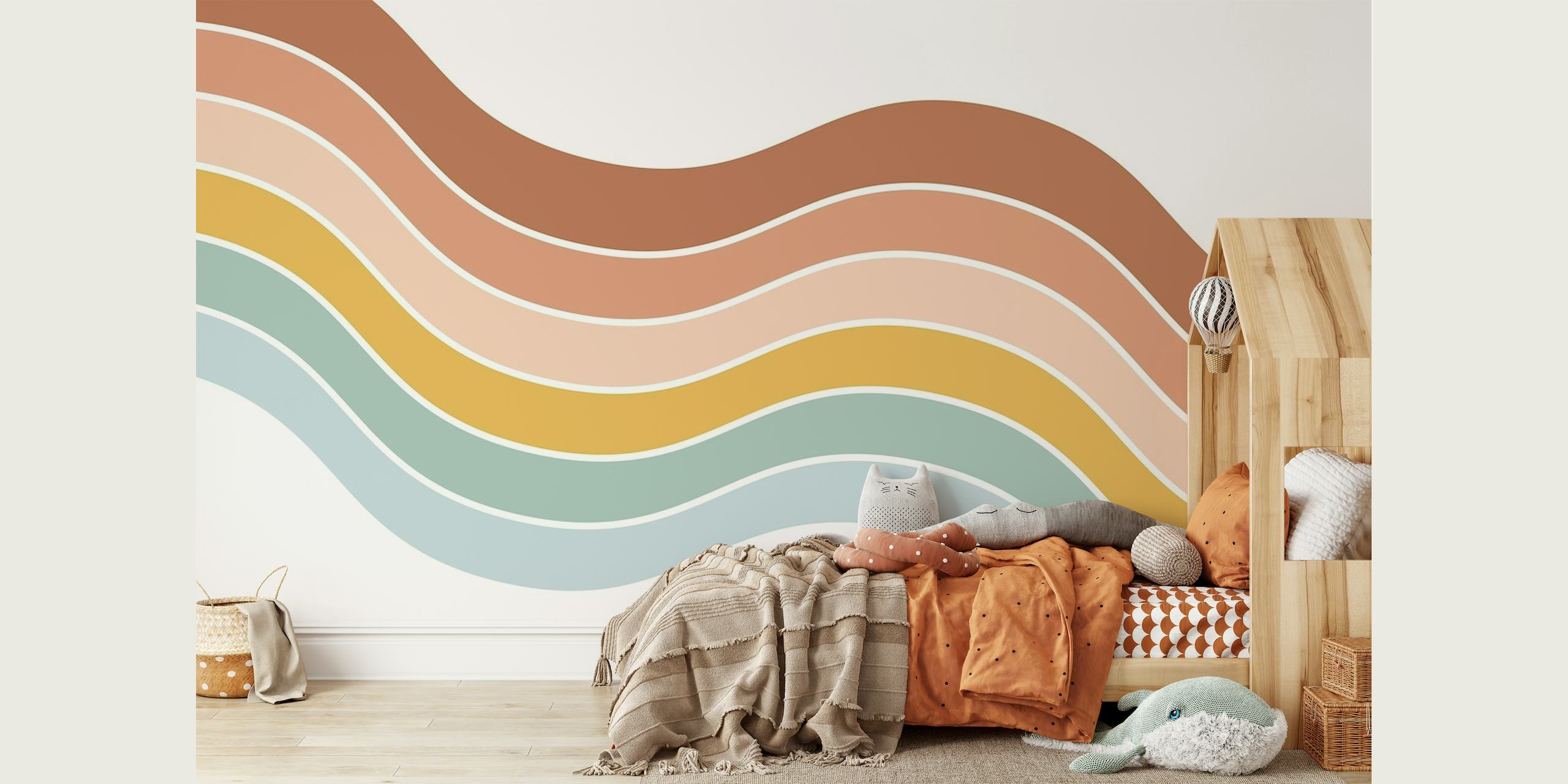 Boho Rainbow Vibes wall mural with earthy-toned wavy stripes
