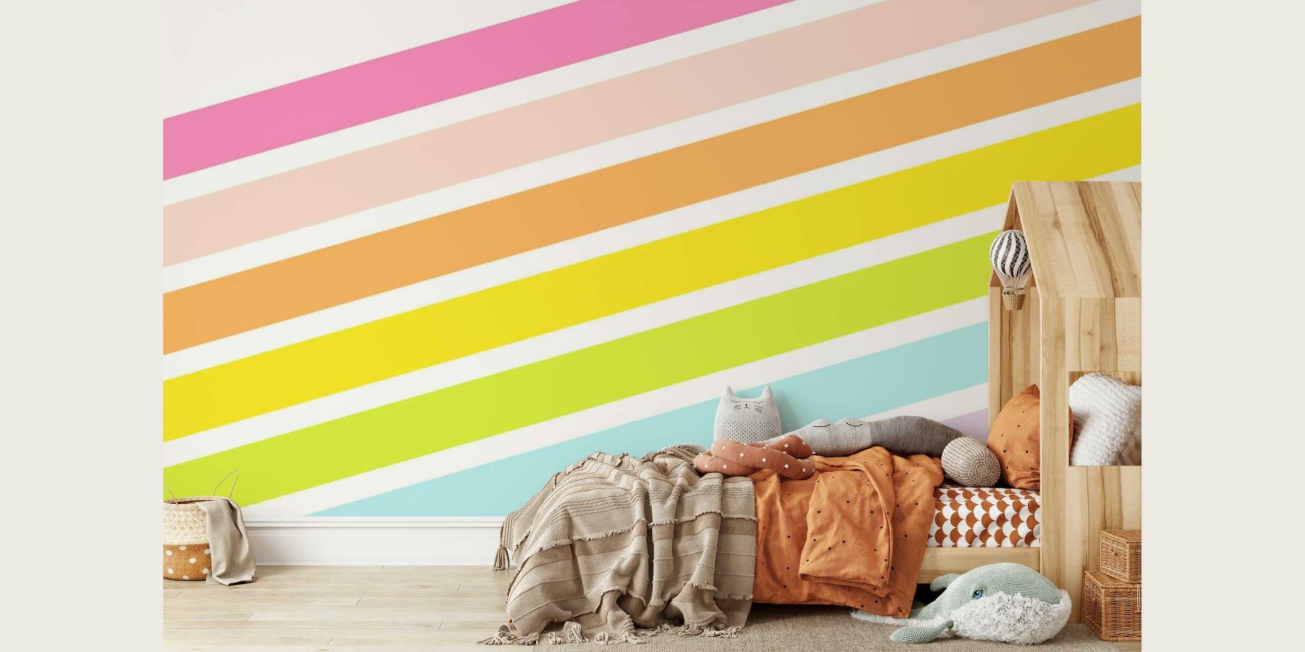 Vægmaleri af livlige, farverige regnbuestriber i et diagonalt mønster