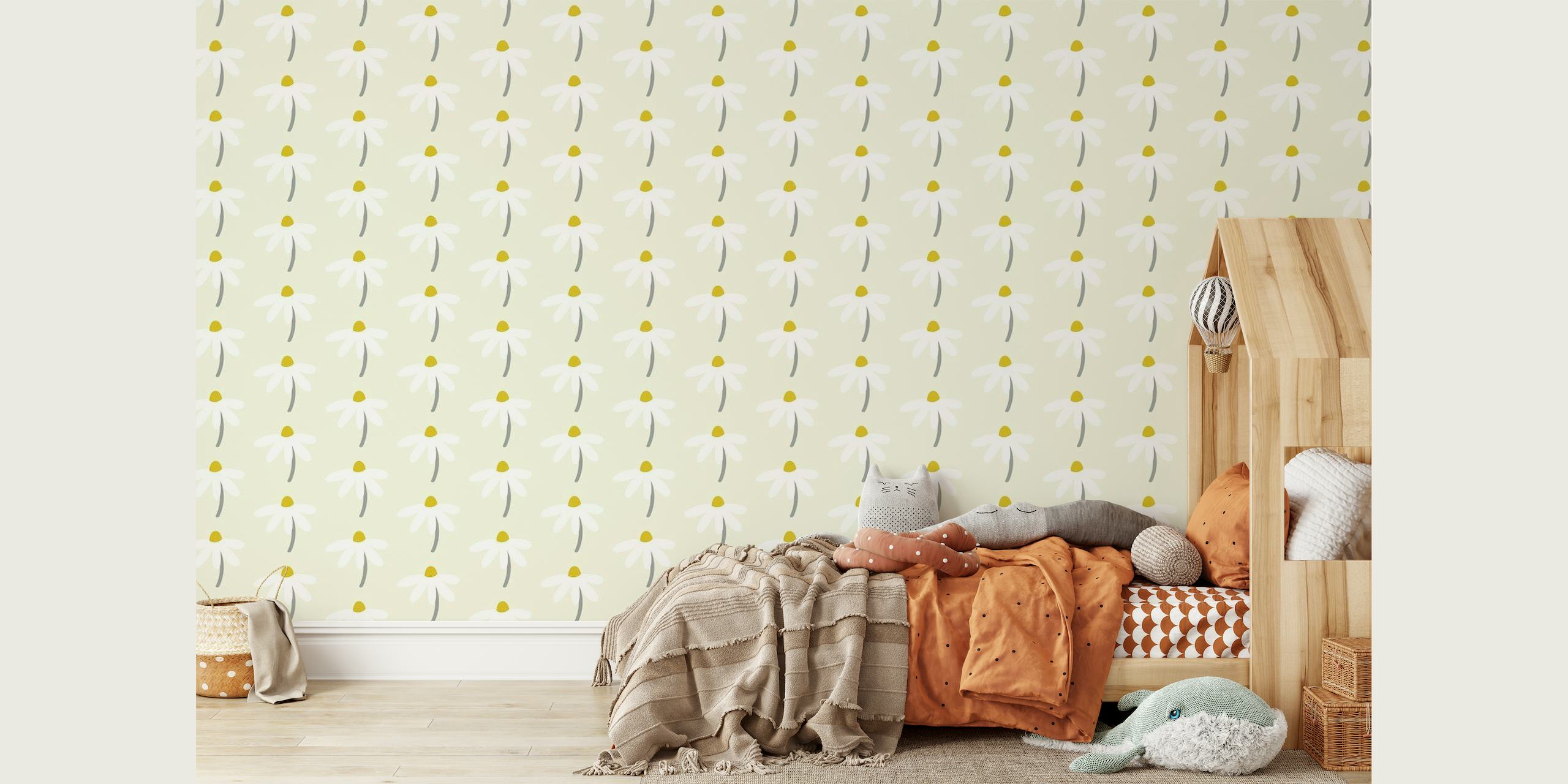 Salbeigrüne Gänseblümchen-Tapete mit weißem Gänseblümchen-Muster für Wände