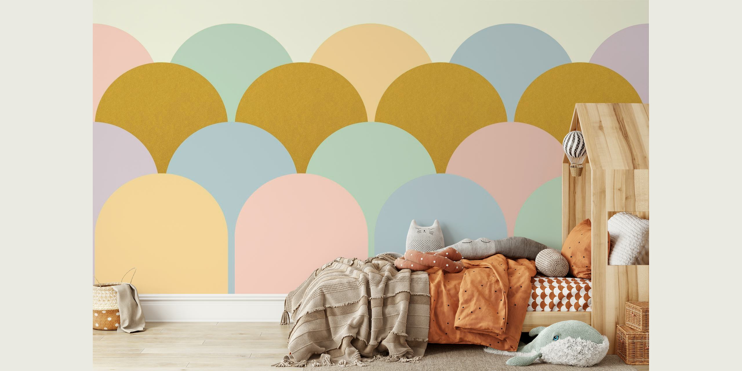 Arcos boho coloridos em tons pastéis em um mural de parede
