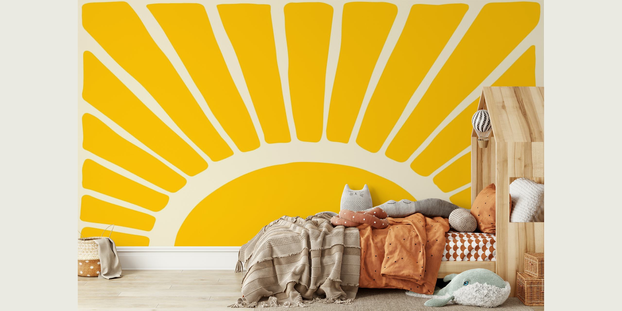Abstrakti auringonpaisteen keltainen ja kermanvärinen leikkaus seinämaalaus