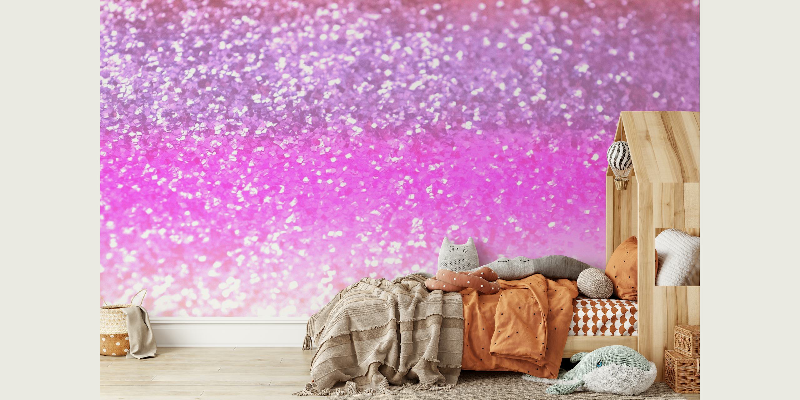 Mural de pared degradado en rosa y morado brillante para crear un ambiente mágico en la habitación.