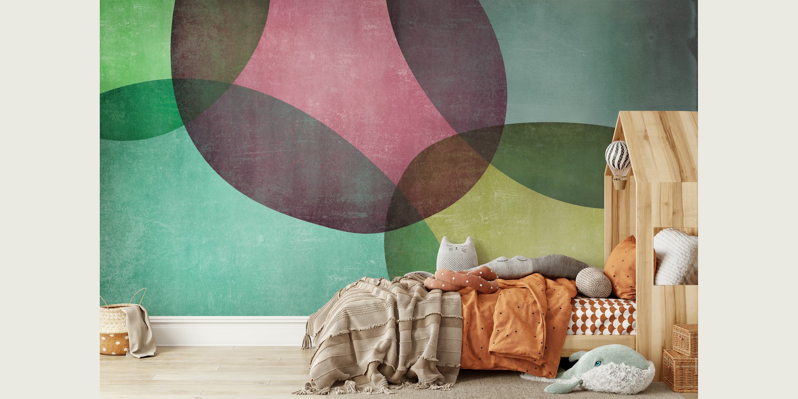 Abstract geometric shapes in green, pink, and yellow wallpaper