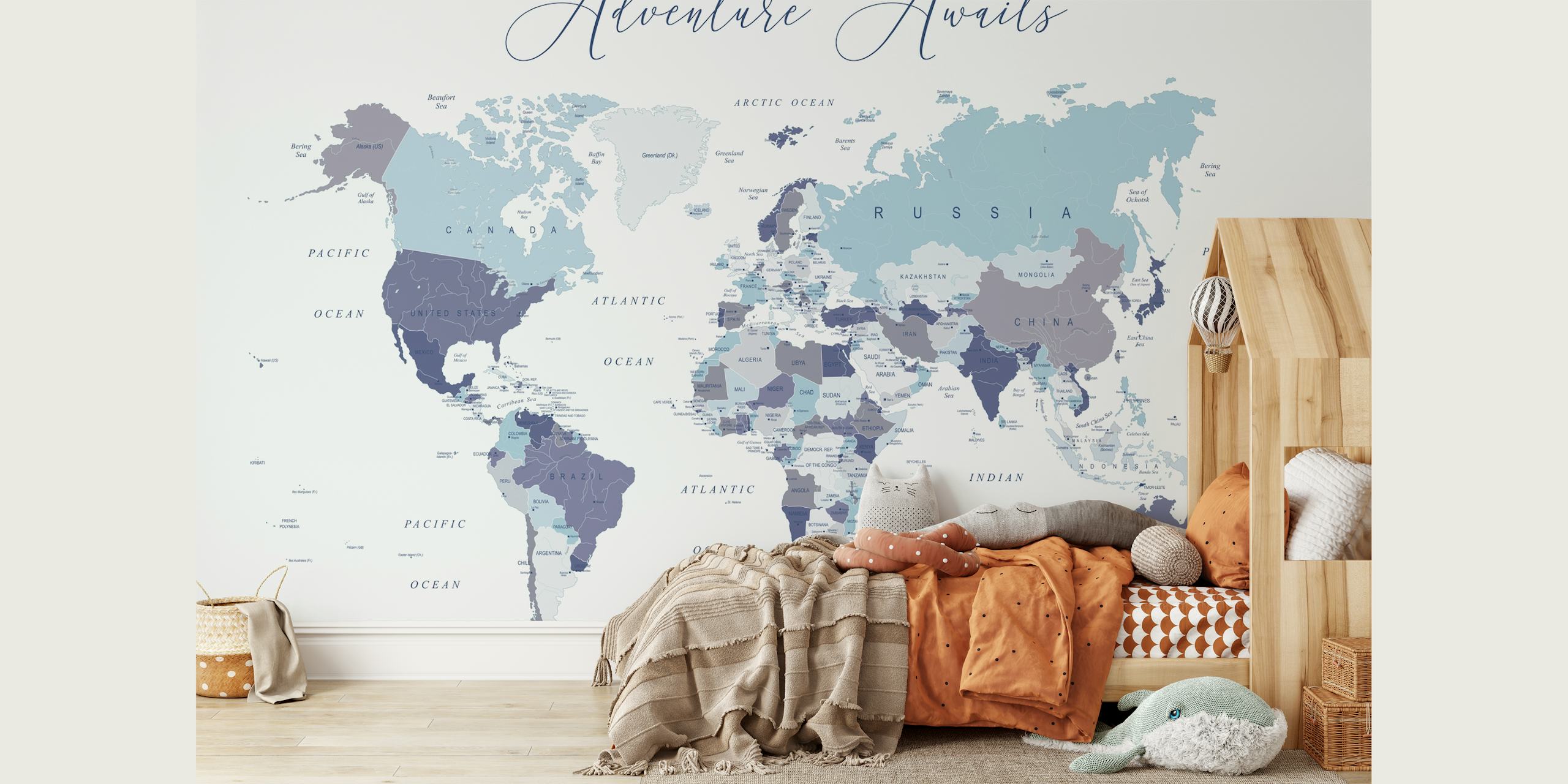 World map in blue shades featuring country names and details wallpaper