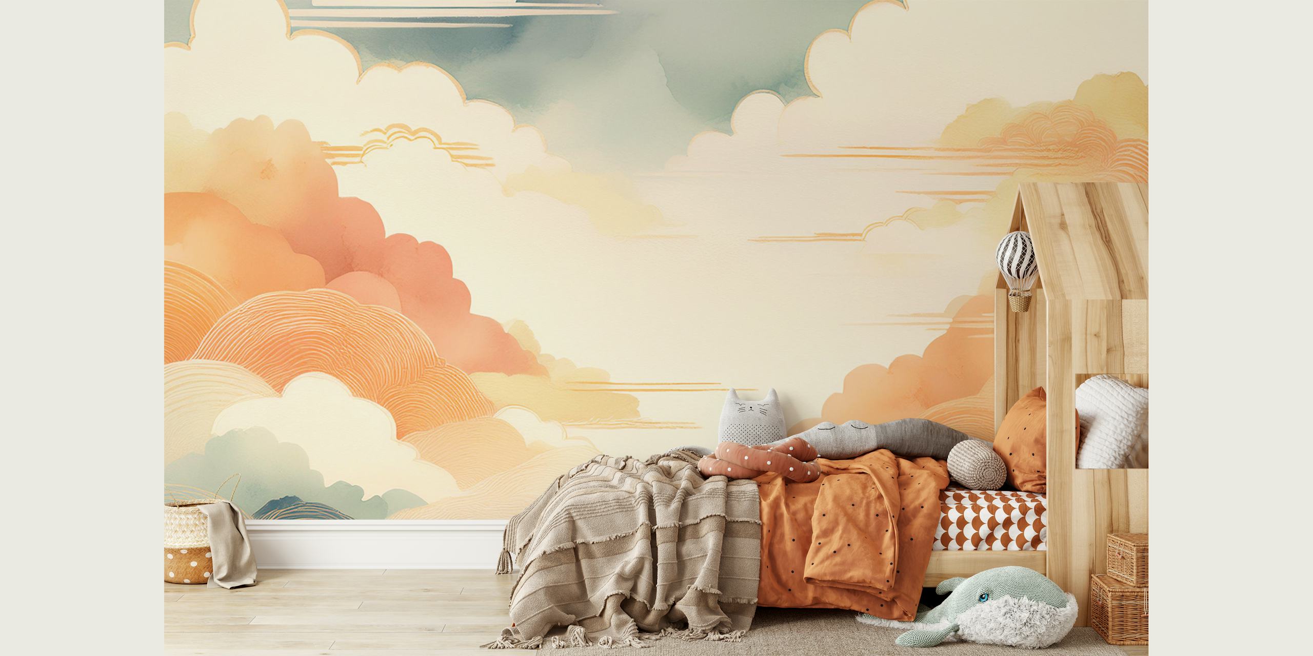 Soft pastel clouds with light blue, peach and cream shades wallpaper