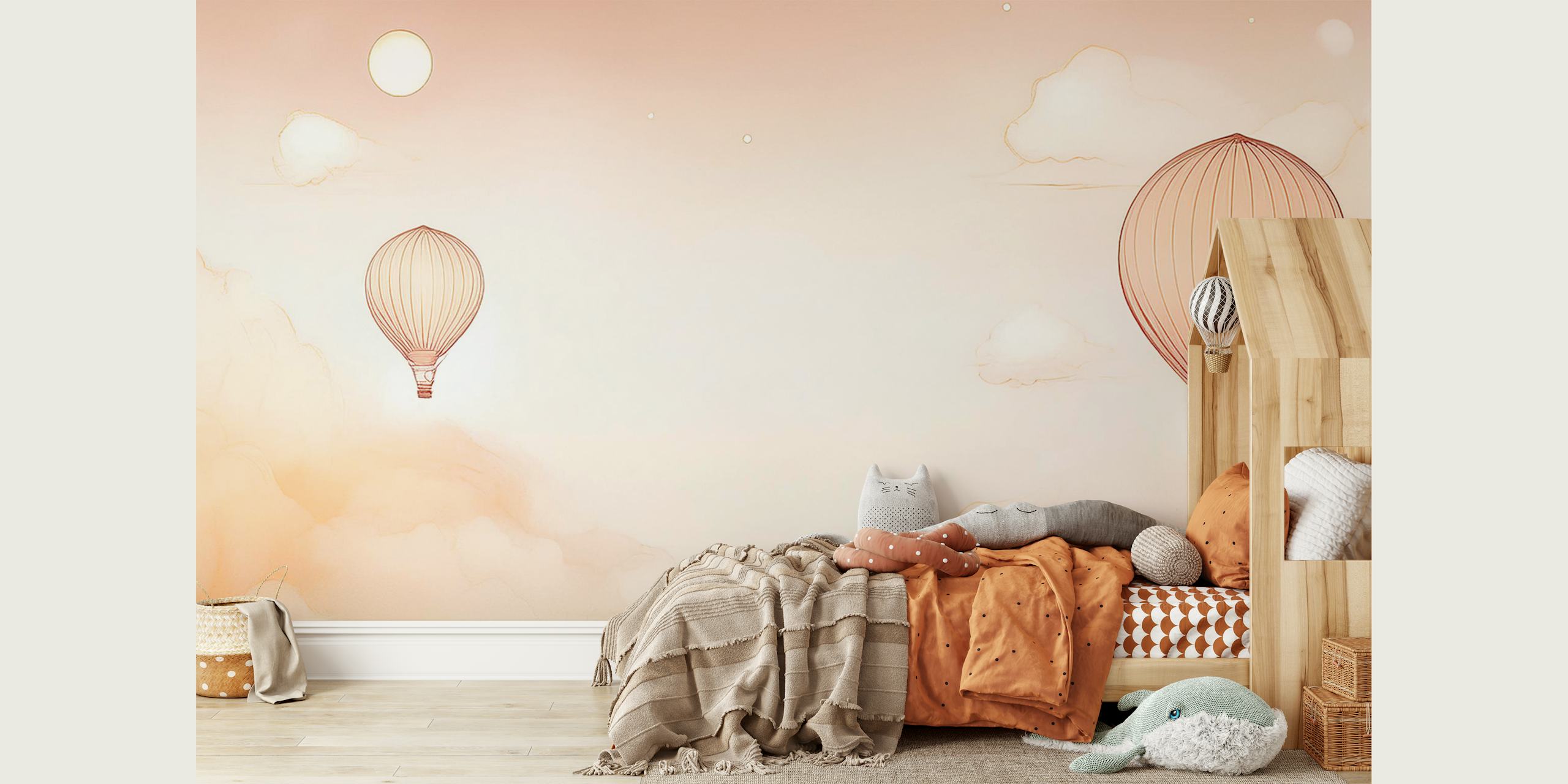 Two pastel hot air balloons in a soft sky with clouds wallpaper