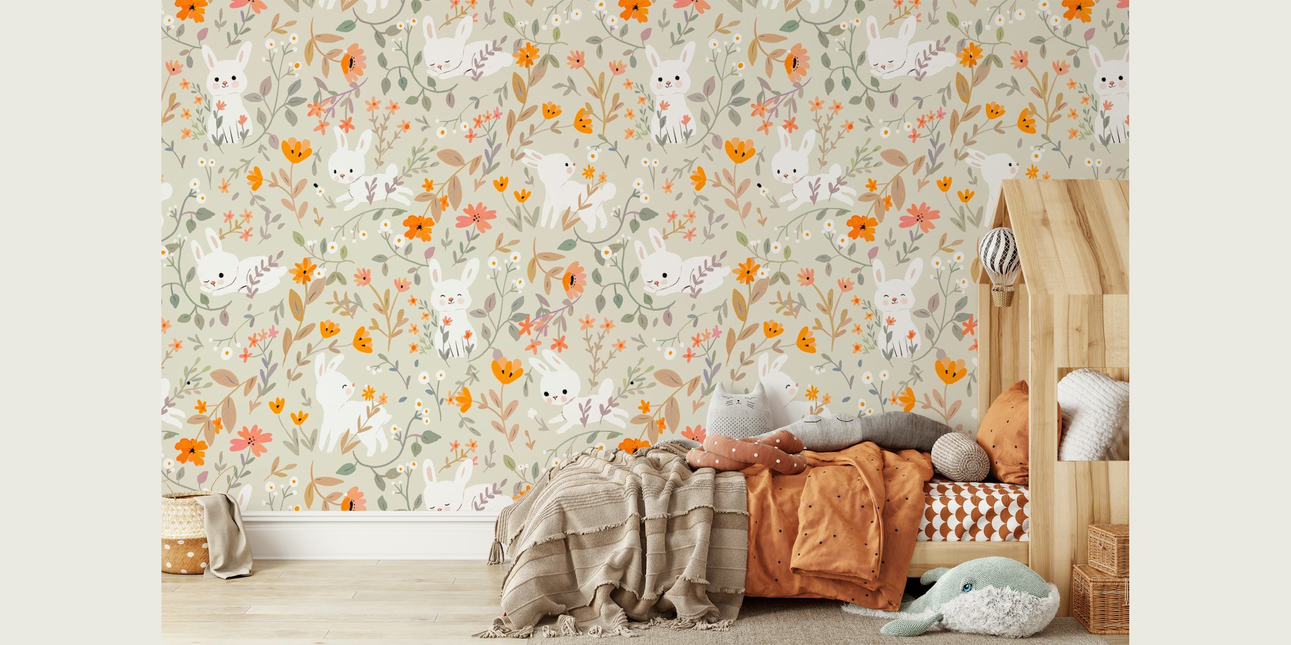 playful bunnies and colorful flowers on soft background wallpaper