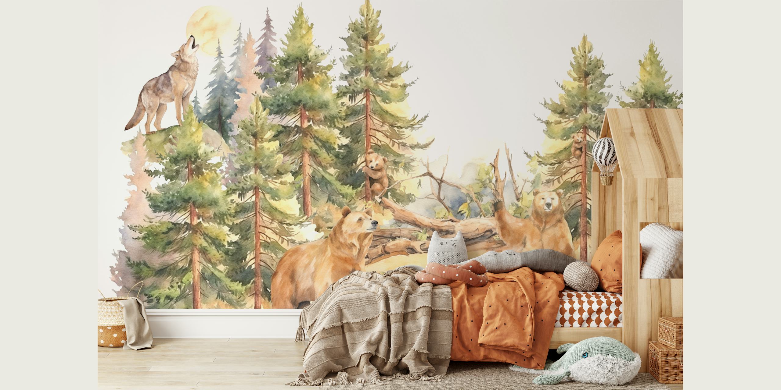 Bears, trees, and a wolf on the moonlight in watercolor wallpaper