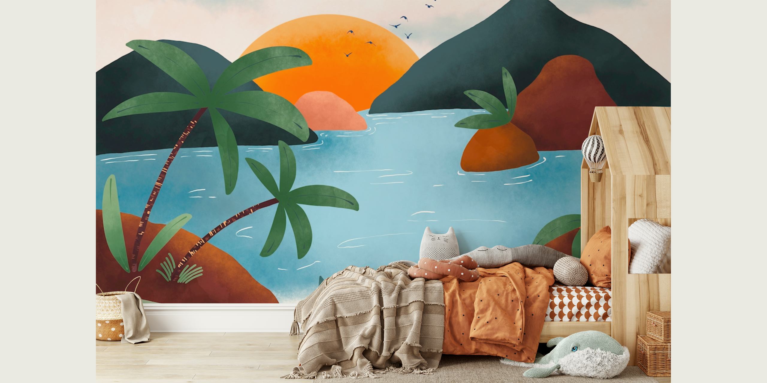 Tropical lagoon with sunset, palm trees, and mountains wallpaper