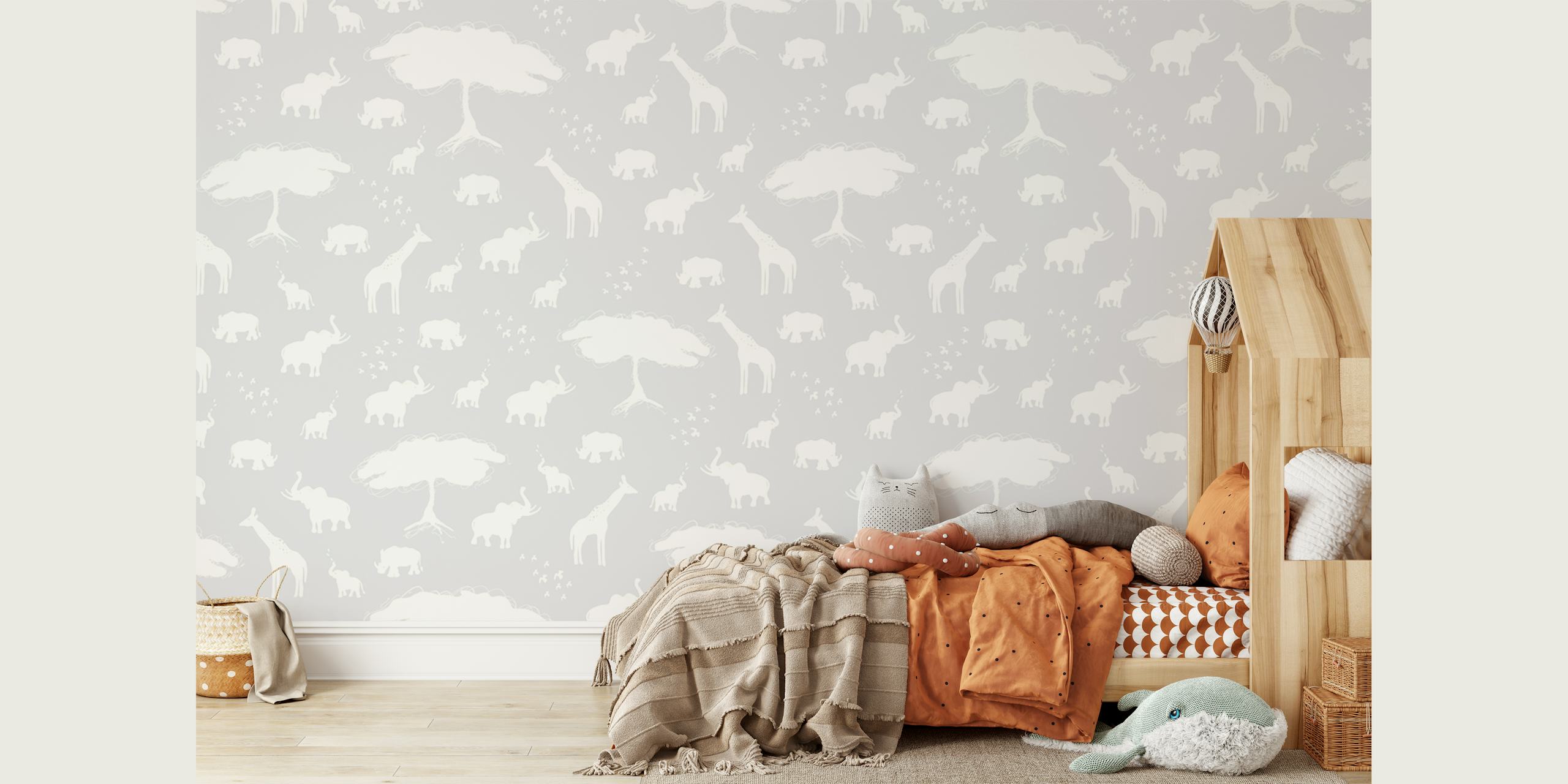 Safari animals in grey silhouette with trees wallpaper