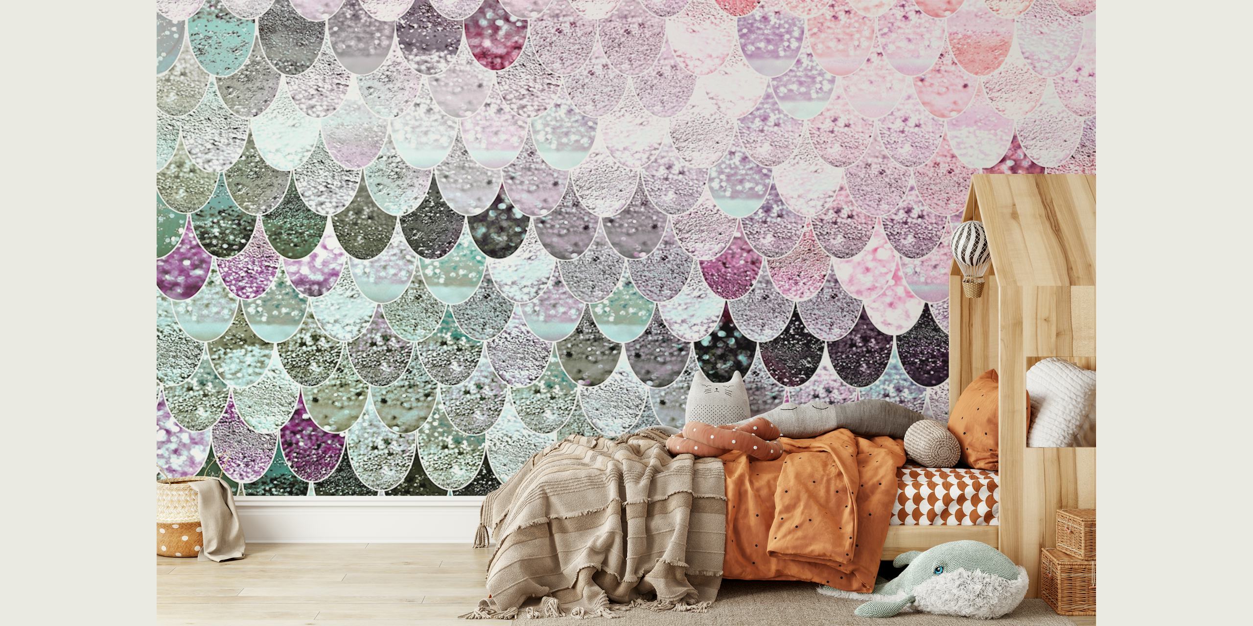 Colorful mermaid scale pattern wallpaper in shades of pink, green, and purple
