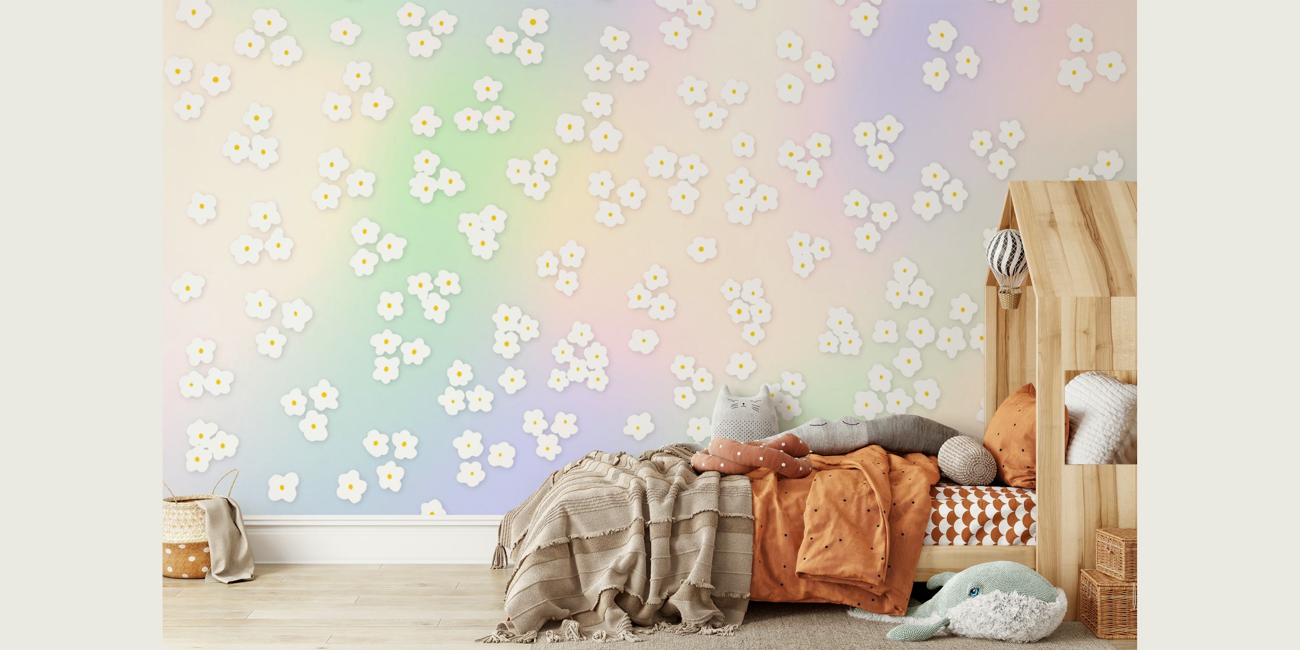 Happy Daisy Flower Rainbow papel de parede em um quarto