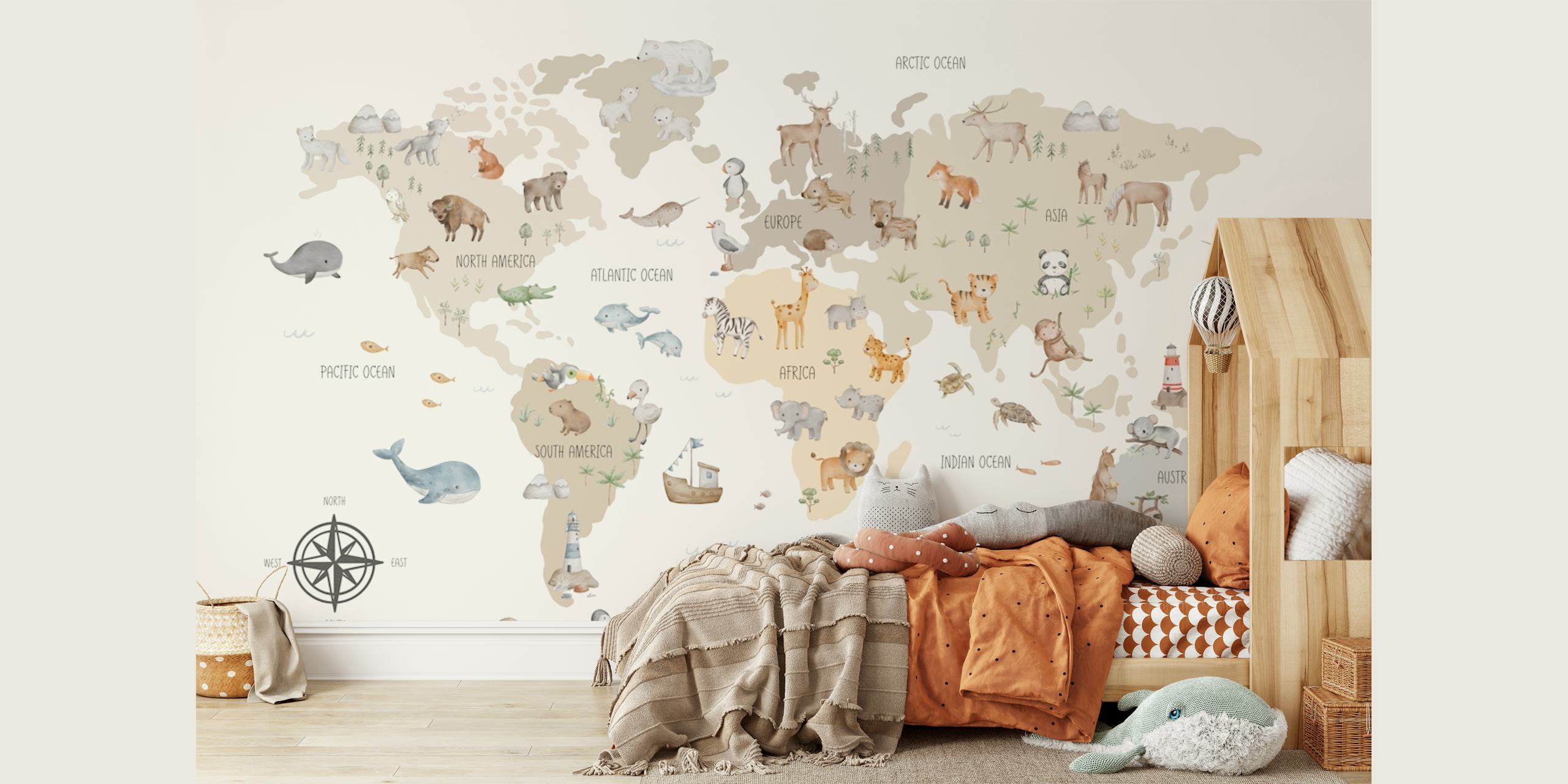 Animals Around the Globe Map papel tapiz en una habitación