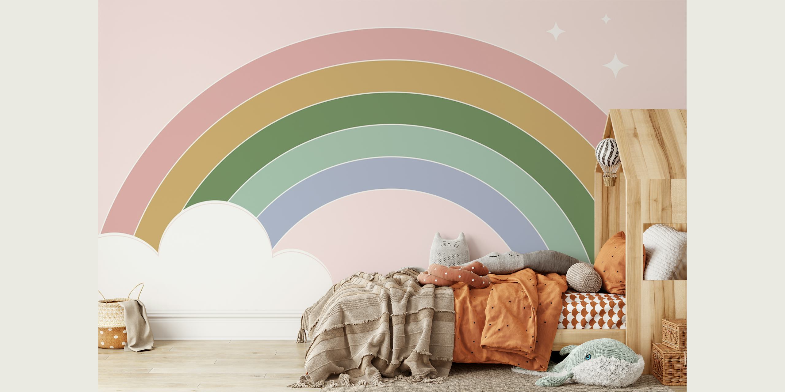 Pastel rainbow and clouds wallpaper in a room