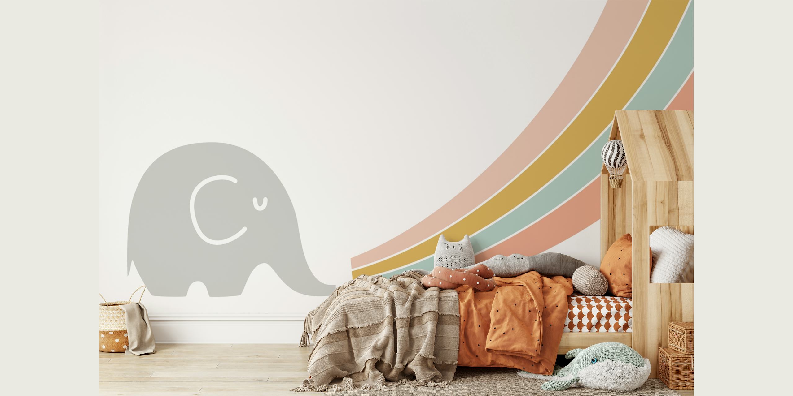 Gray elephant with colorful rainbow stripes wallpaper