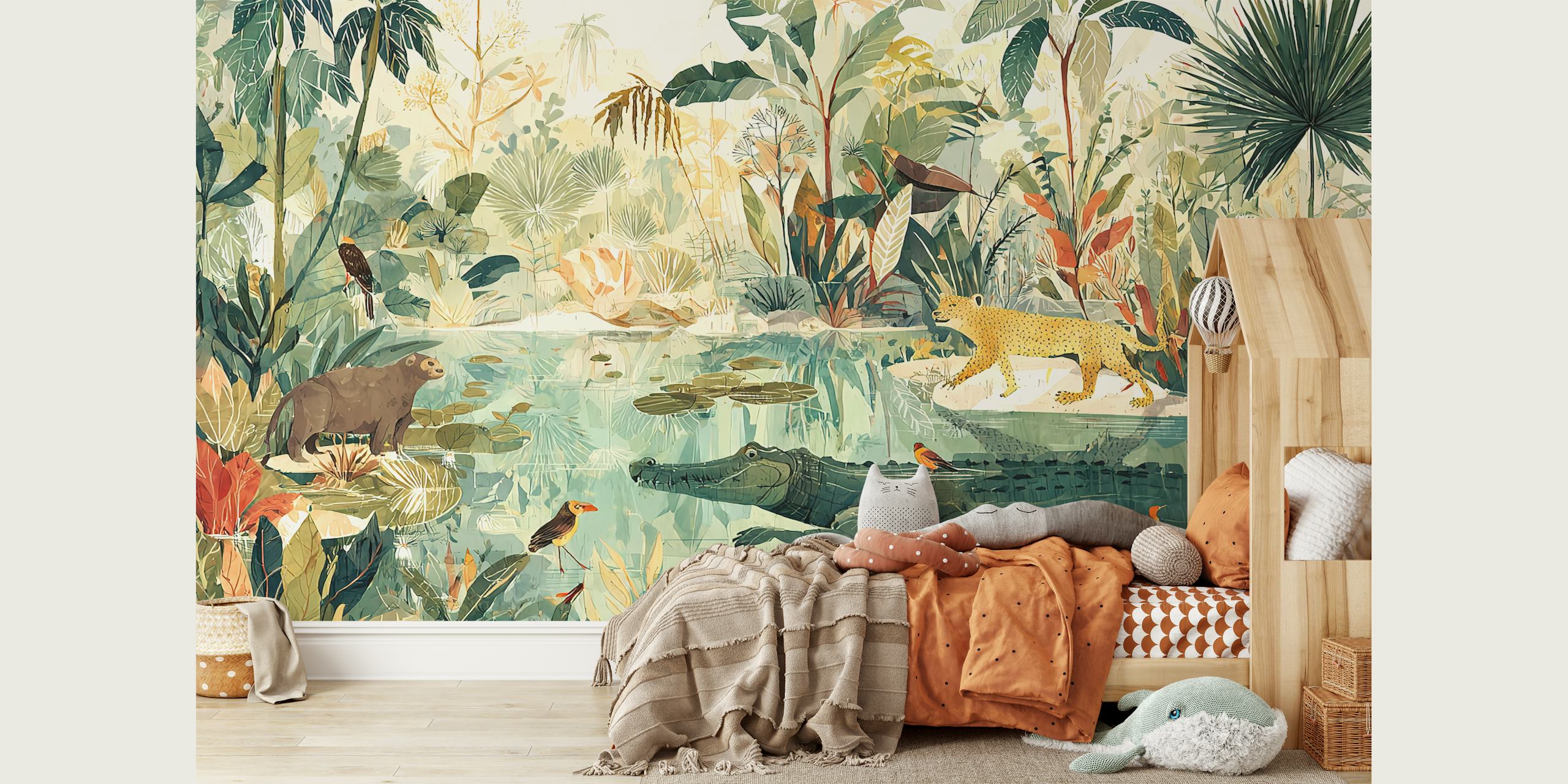 Tropical jungle mural with animals and lush foliage wallpaper