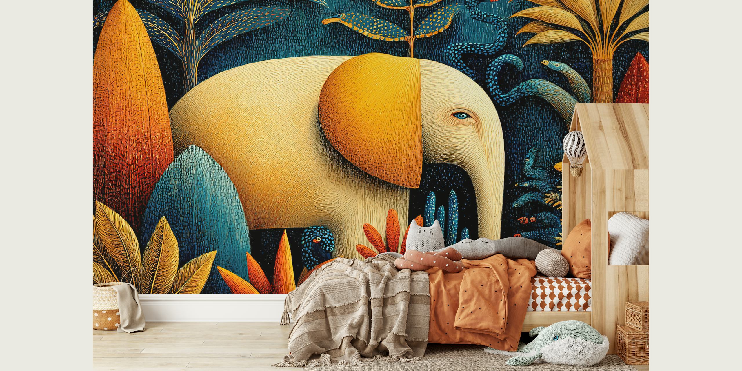 A colorful elephant amidst tropical plants and leaves in blue, orange, and green wallpaper