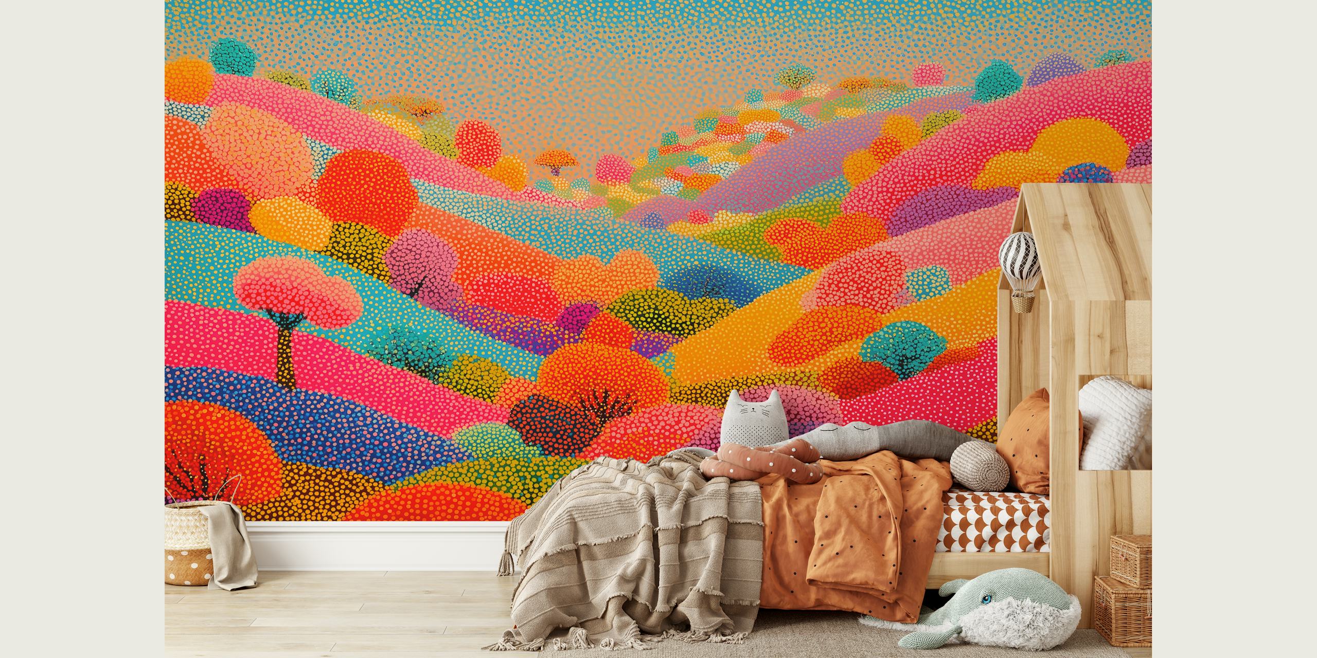 Colorful hills with trees and dots in vibrant colors pointillist wallpaper