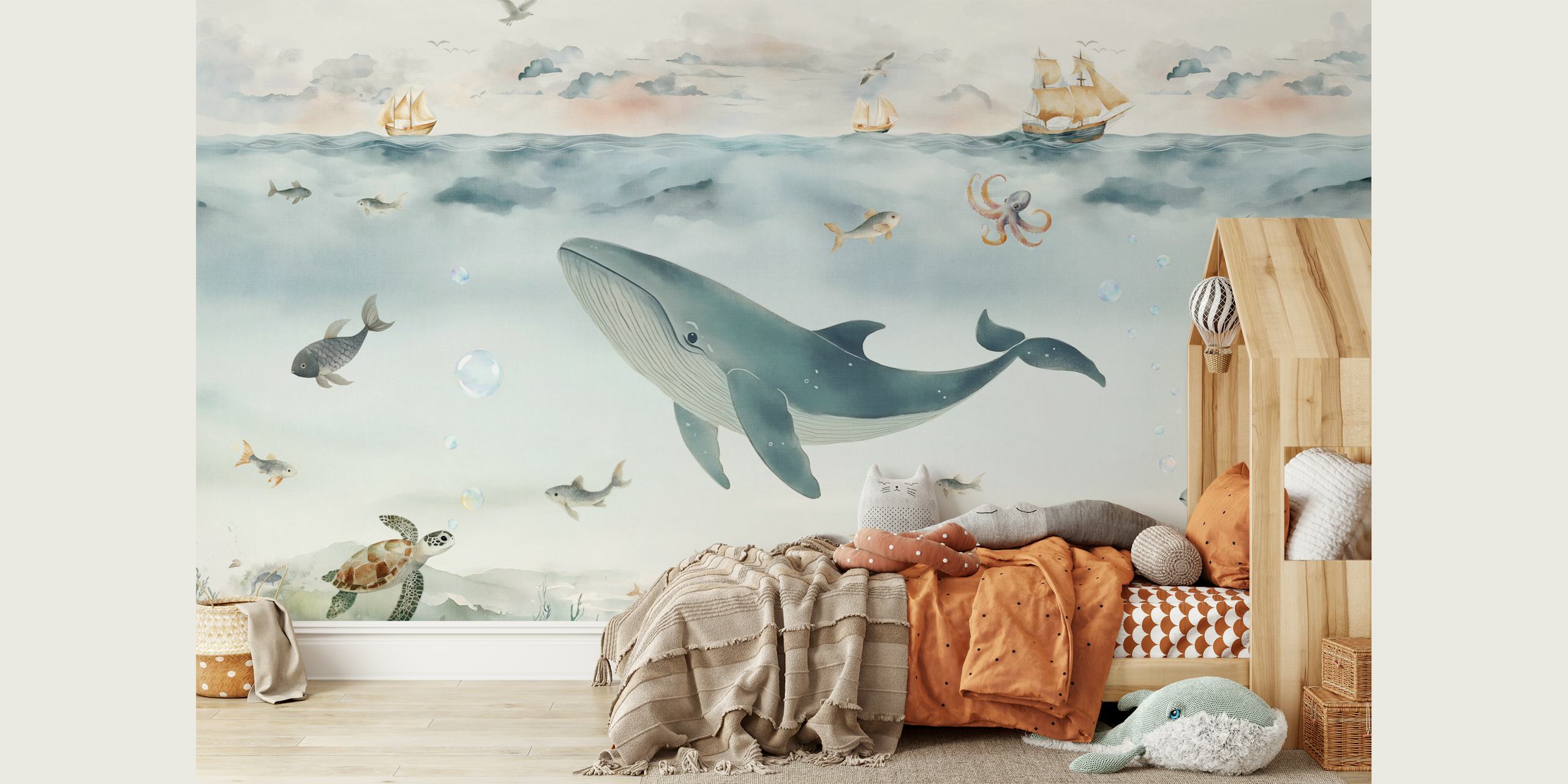 Ocean Adventure Watercolor Whale and Sea Life design della carta da parati