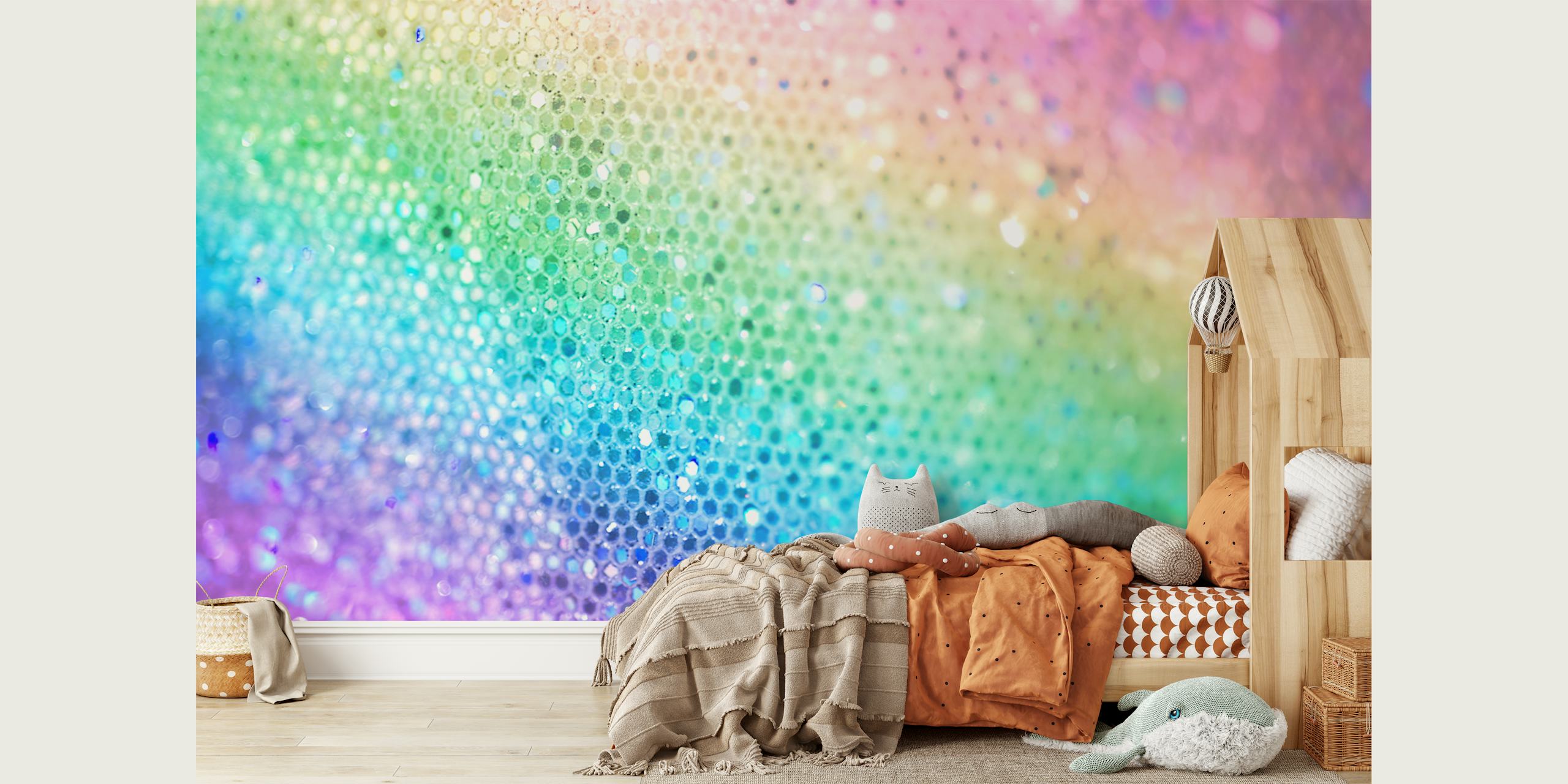 Rainbow glittering wallpaper with multicolored dots in pastel and vibrant shades.