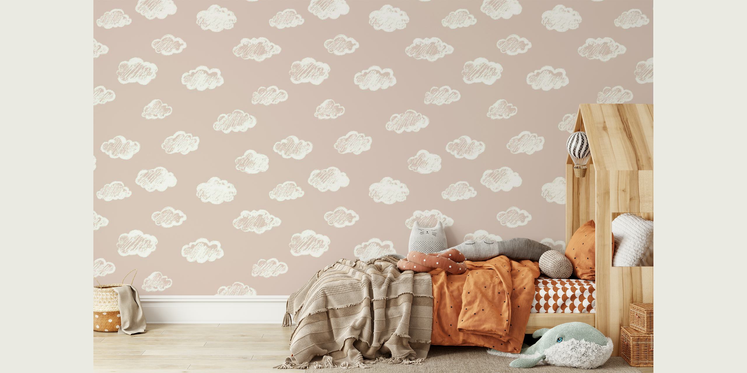 Papier peint mural sticker de nuages blancs doux sur fond rose blush