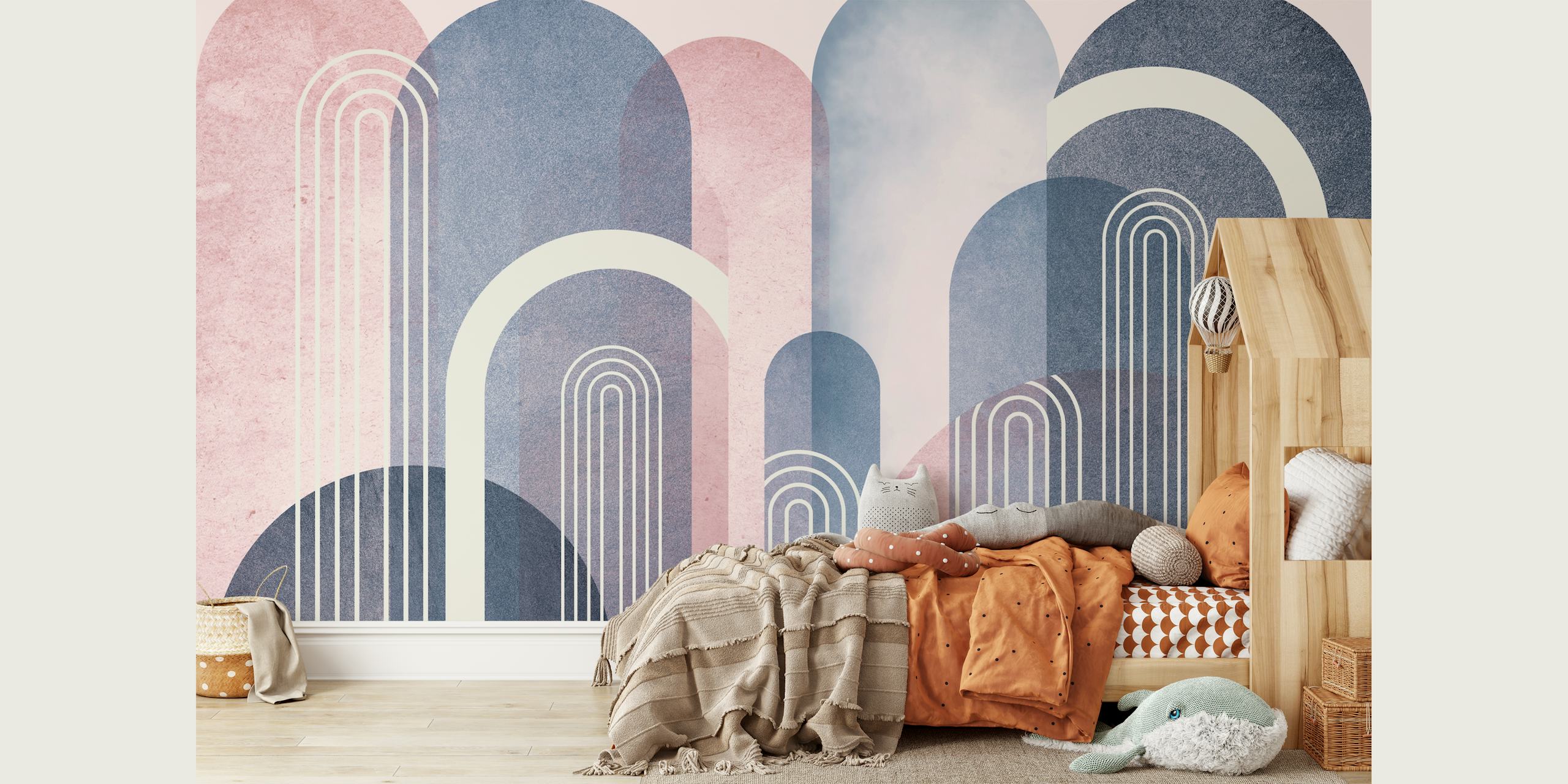 Pink and blue abstract curved shapes with lines wallpaper