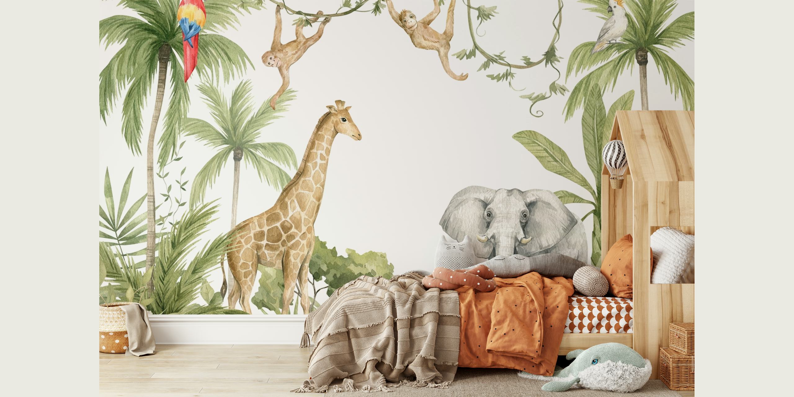 Giraffe, elephant, monkeys, and tropical plants wallpaper