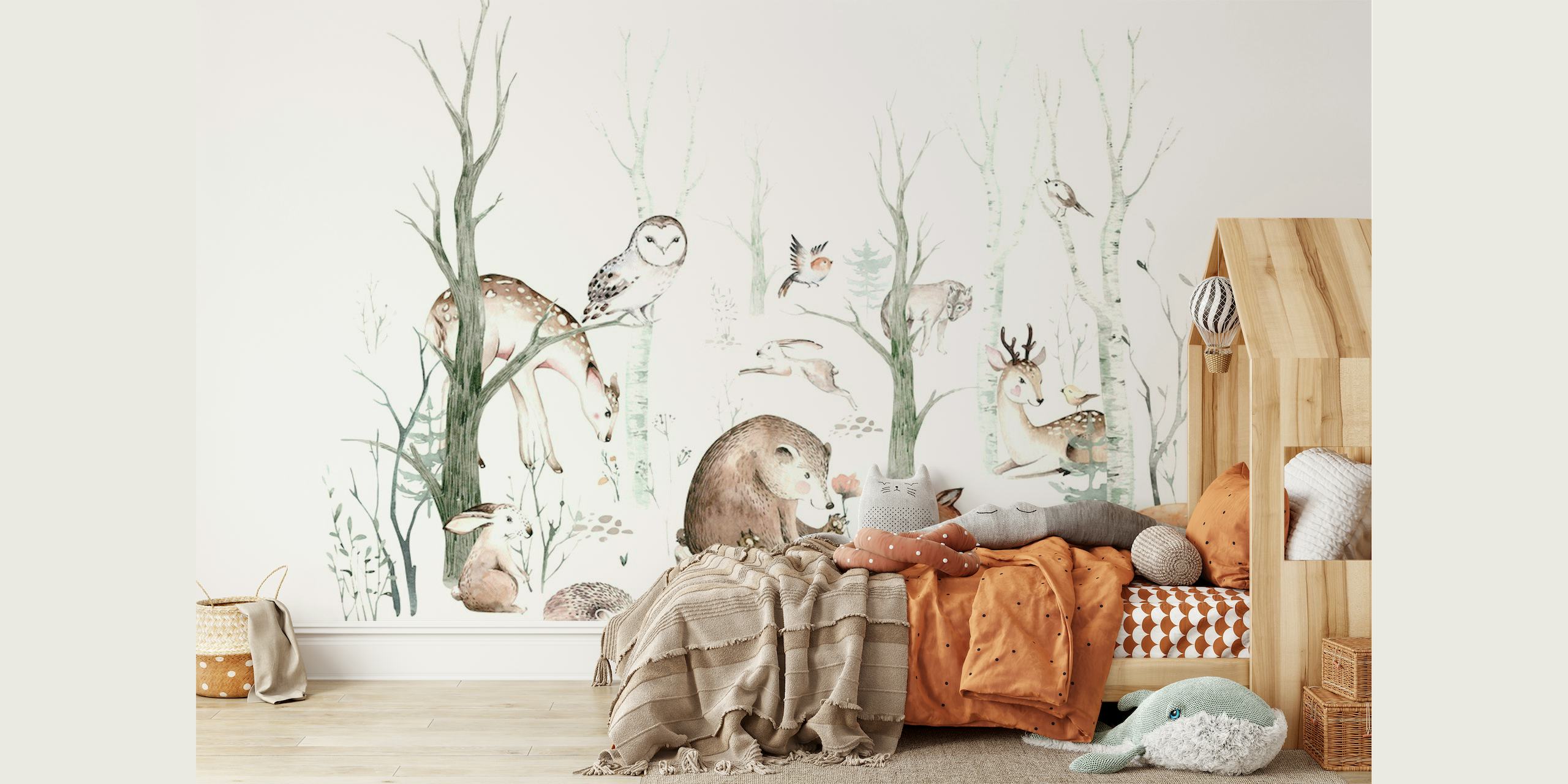 Illustrated woodland creatures in a peaceful forest wall mural