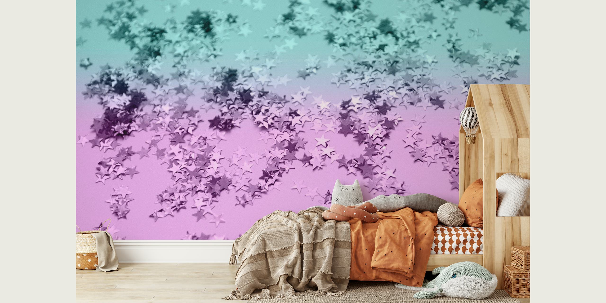 Mermaid theme gradient wall mural with glittering stars in teal and pink shades