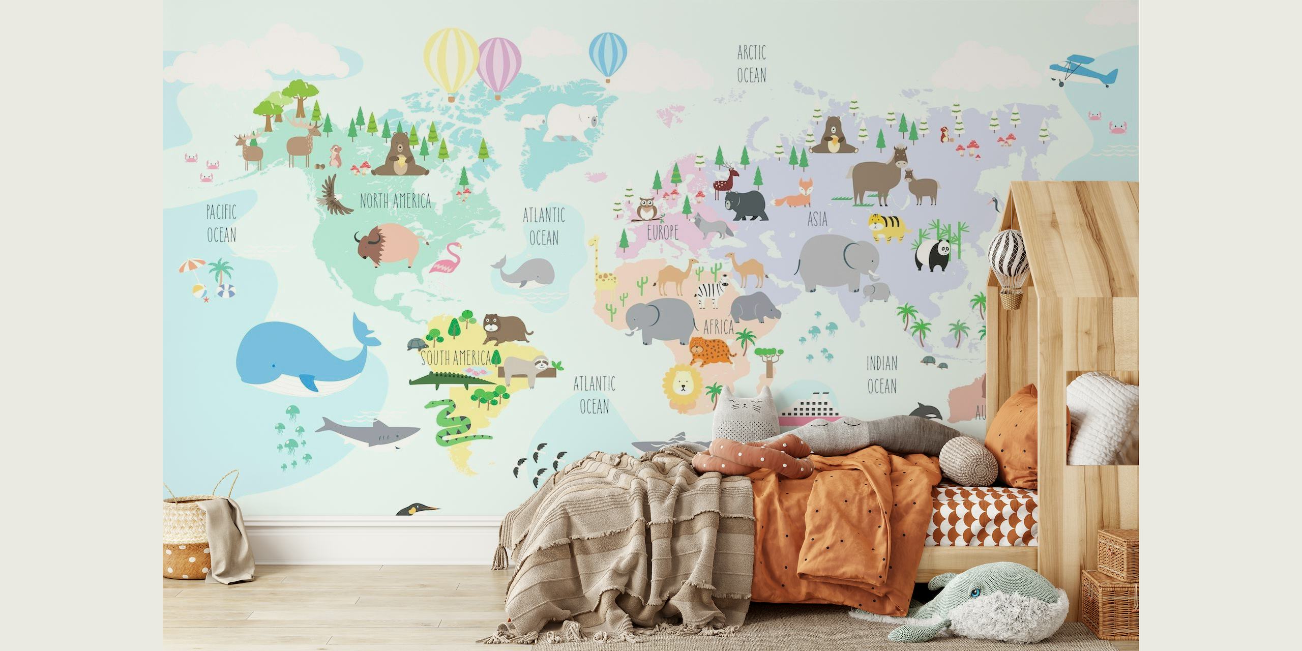 Nursery World Map with Animals papiers peint