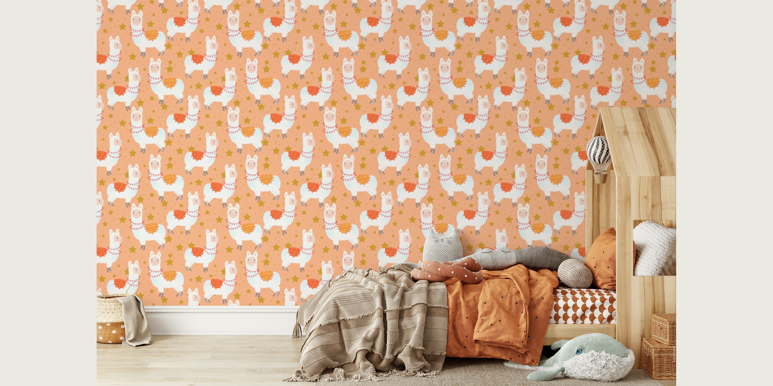 Colorful happy llamas wallpaper in a room